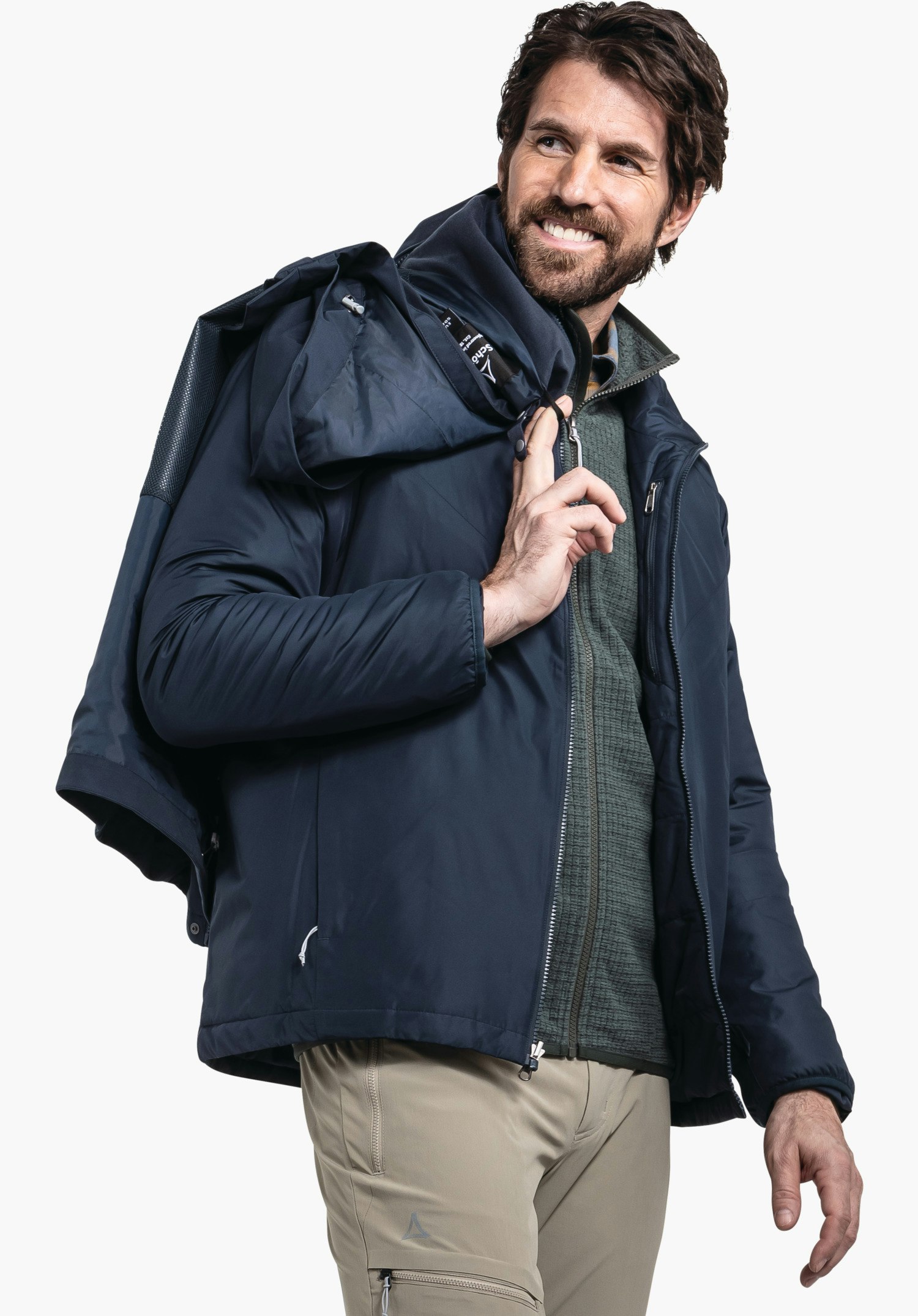 3in1 Jacket Style Tamina MNS zeigt den blauen Funktionsstoff, den Reißverschluss und das Schöffel-Logo am Kragen. Nahaufnahme vor weißem/neutralem Hintergrund.