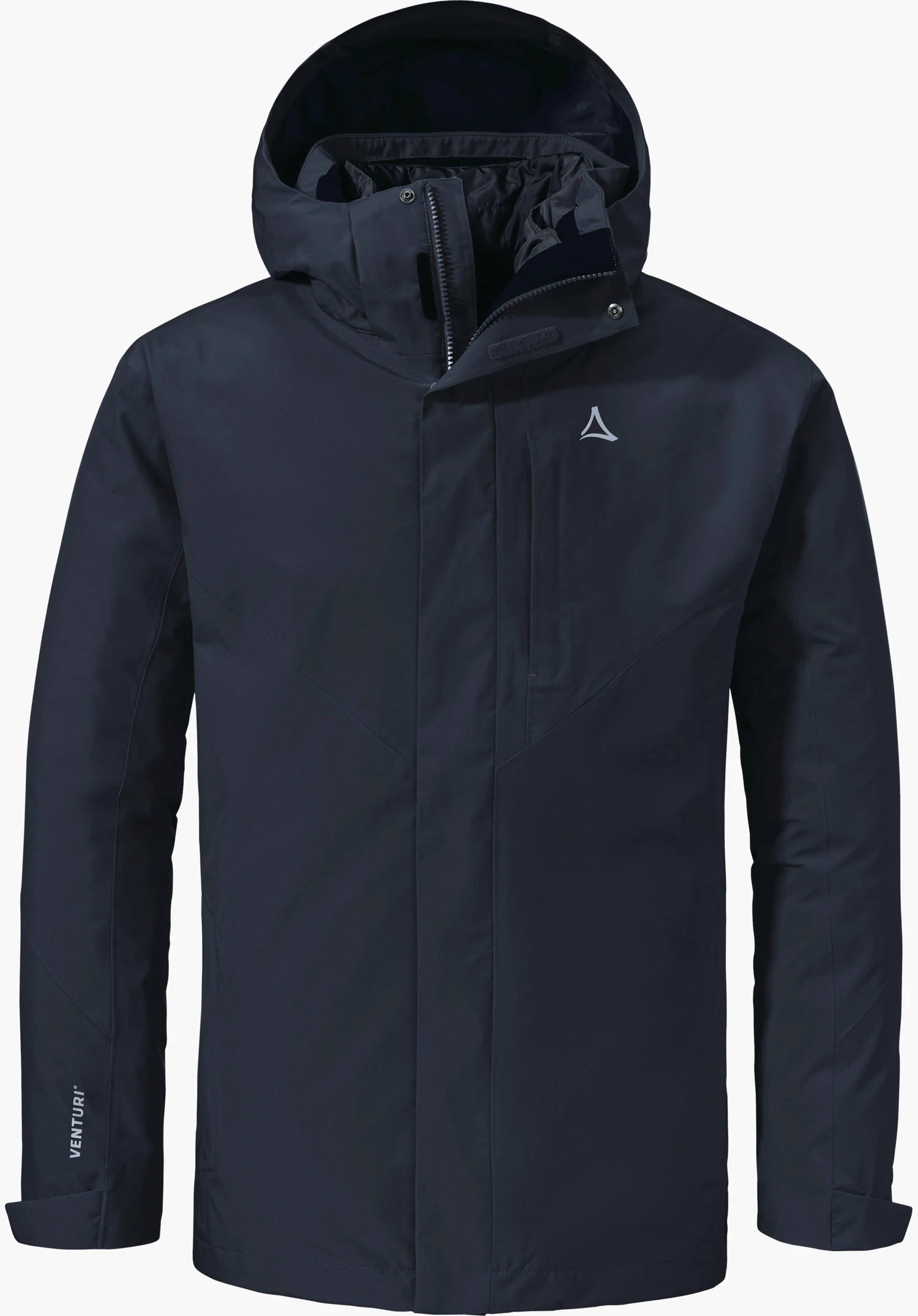 3in1 Jacket Style Tamina MNS dark blue multi-purpose jacket, front view, with padded hood and concealed zip; vertical chest pocket visible; Schöffel logo on the chest; sleeve print: “VENTURI”. White background.