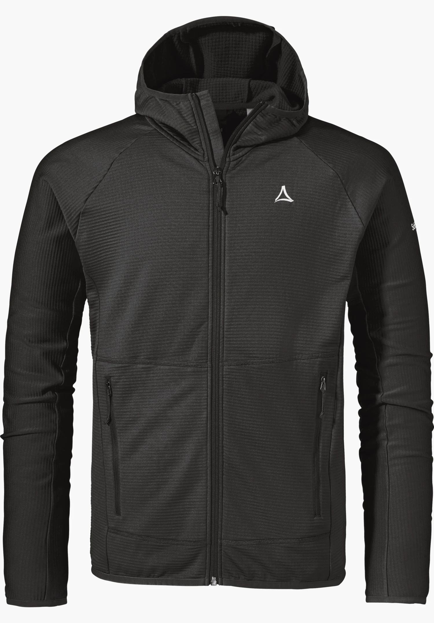 Fleece Hoody Style Cascata MNS in Schwarz mit durchgehendem Frontreißverschluss, Kapuze und Schöffel-Logo auf der linken Brust, freigestellt vor weißem Hintergrund.