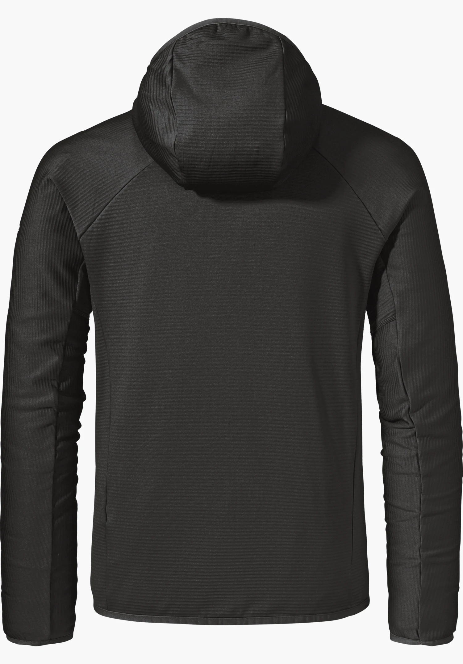 Fleece Hoody Style Cascata MNS in Schwarz, hier in der Rückenansicht mit feiner Materialstruktur und Kapuze, freigestellt vor weißem Hintergrund.