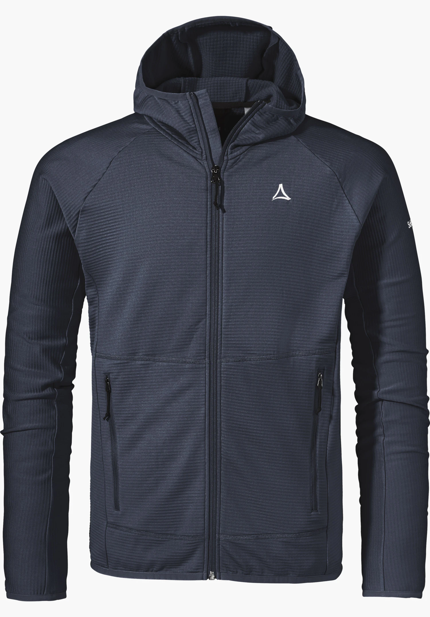 Fleece Hoody Style Cascata MNS en bleu avec une fermeture éclair frontale intégrale, une capuche, deux poches latérales zippées et un logo Schöffel blanc sur la poitrine gauche, détouré sur fond blanc.