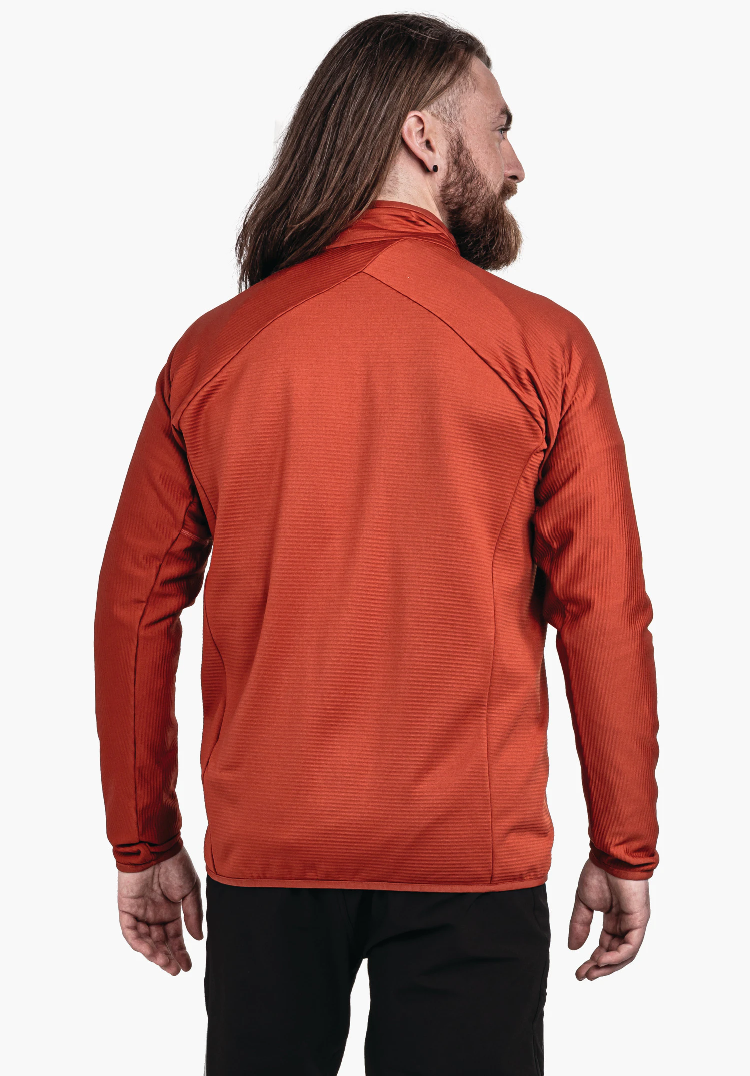 Fleece Jk Style Cascata MNS Rote Jacke, getragen von einem Mann; steht mit dem Rücken zur Kamera und blickt seitlich, vor schlichtem weißem Hintergrund.