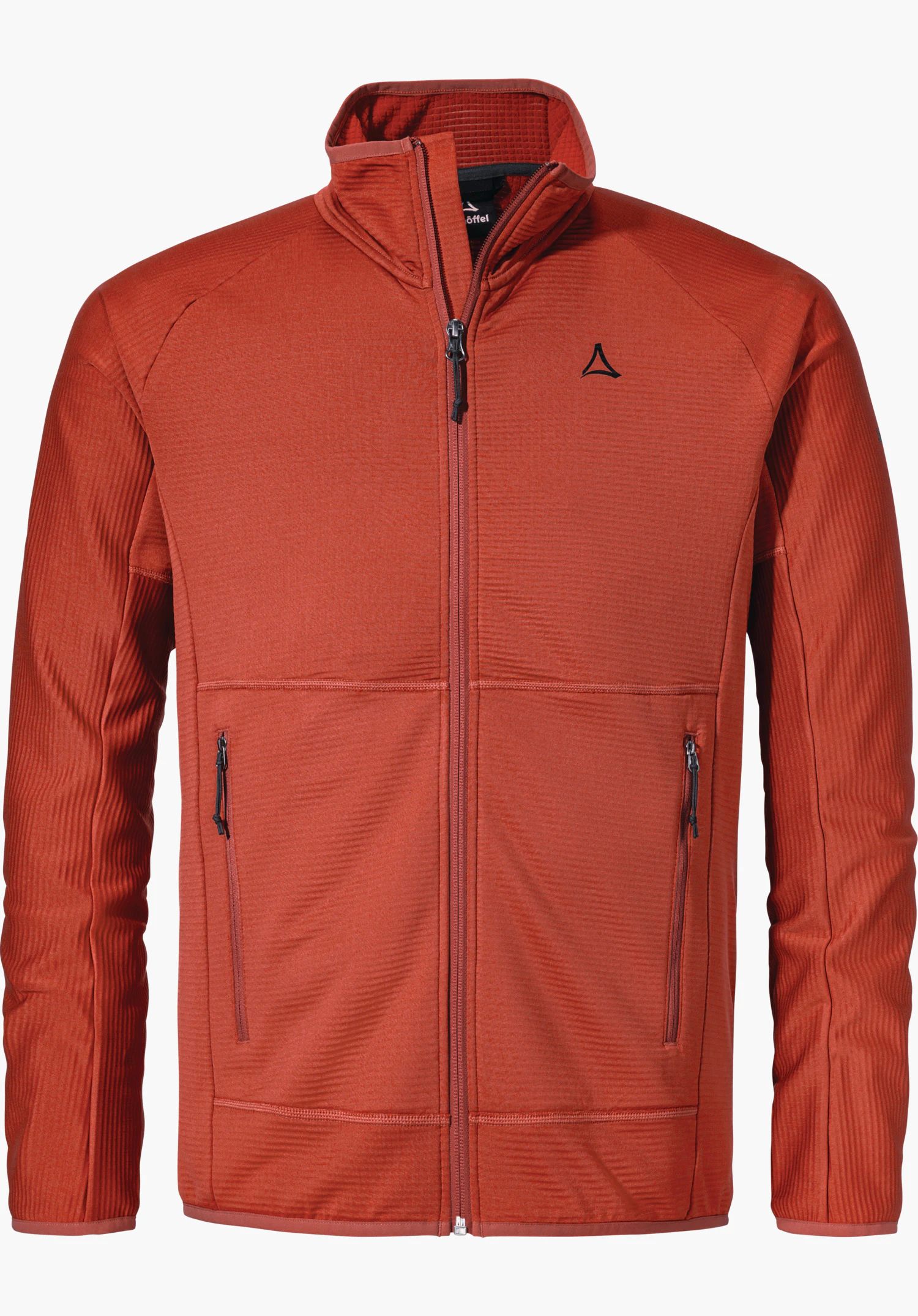 Fleece Jk Style Cascata MNS Rote, leicht strukturierte Fleecejacke mit Reißverschluss, hochgeschlossen, zwei Taschen mit Reißverschlüssen; Schöffel-Logo auf der Brust. Freigestellter weißer Hintergrund. Schriftzug: "Schöffel".