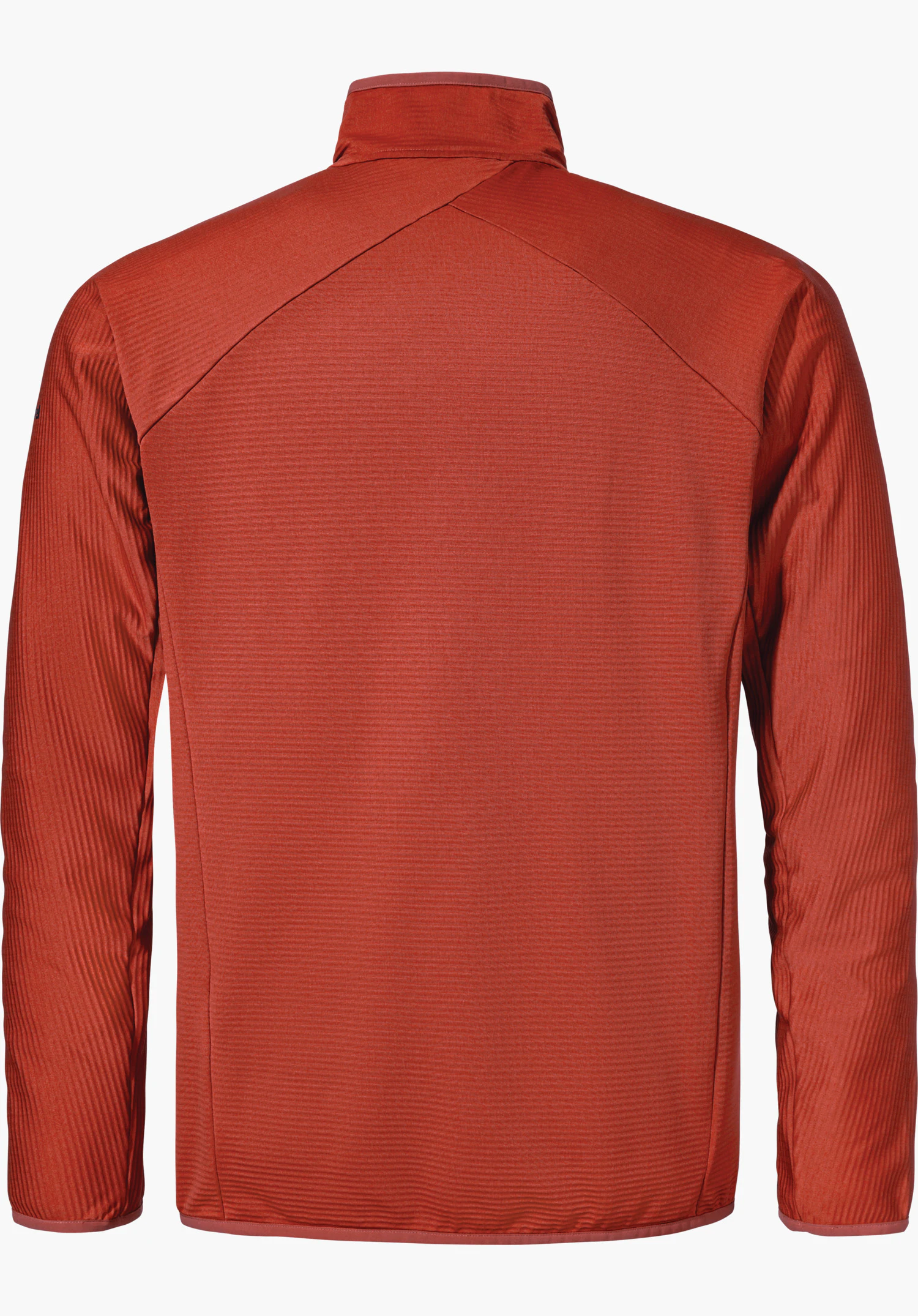 Fleece Jk Style Cascata MNS Oberteil, Rückansicht, präsentiert Rückenpartie; lange Ärmel und Stehkragen, einfarbig dunkelrot, leicht geripptes Material; fotografiert vor weißem Hintergrund, ohne Modell.