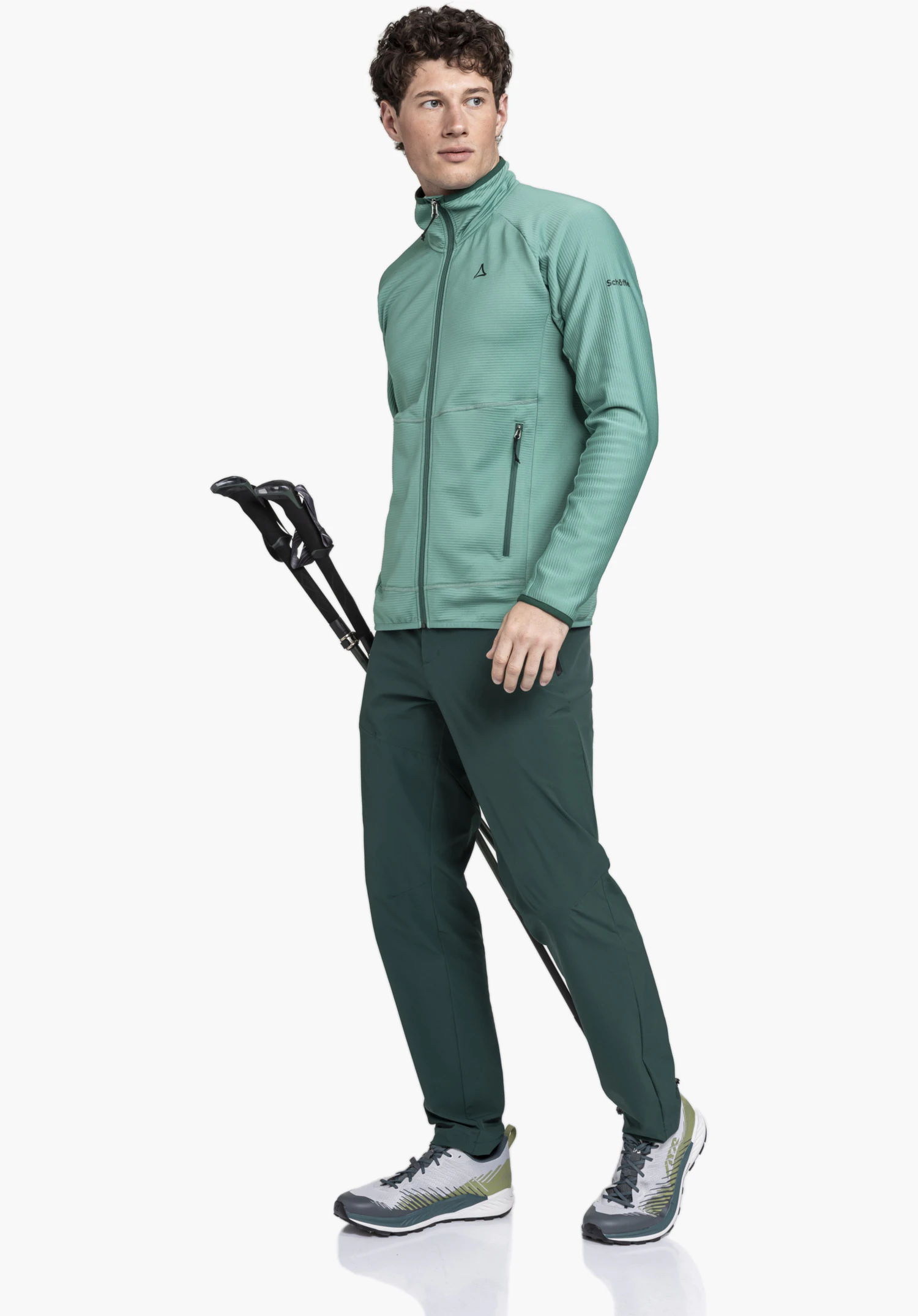 Fleece Jk Style Cascata MNS montrant la matière texturée verte, la fermeture éclair et le Schöffel-Logo sur la poitrine, gros plan sur fond blanc.