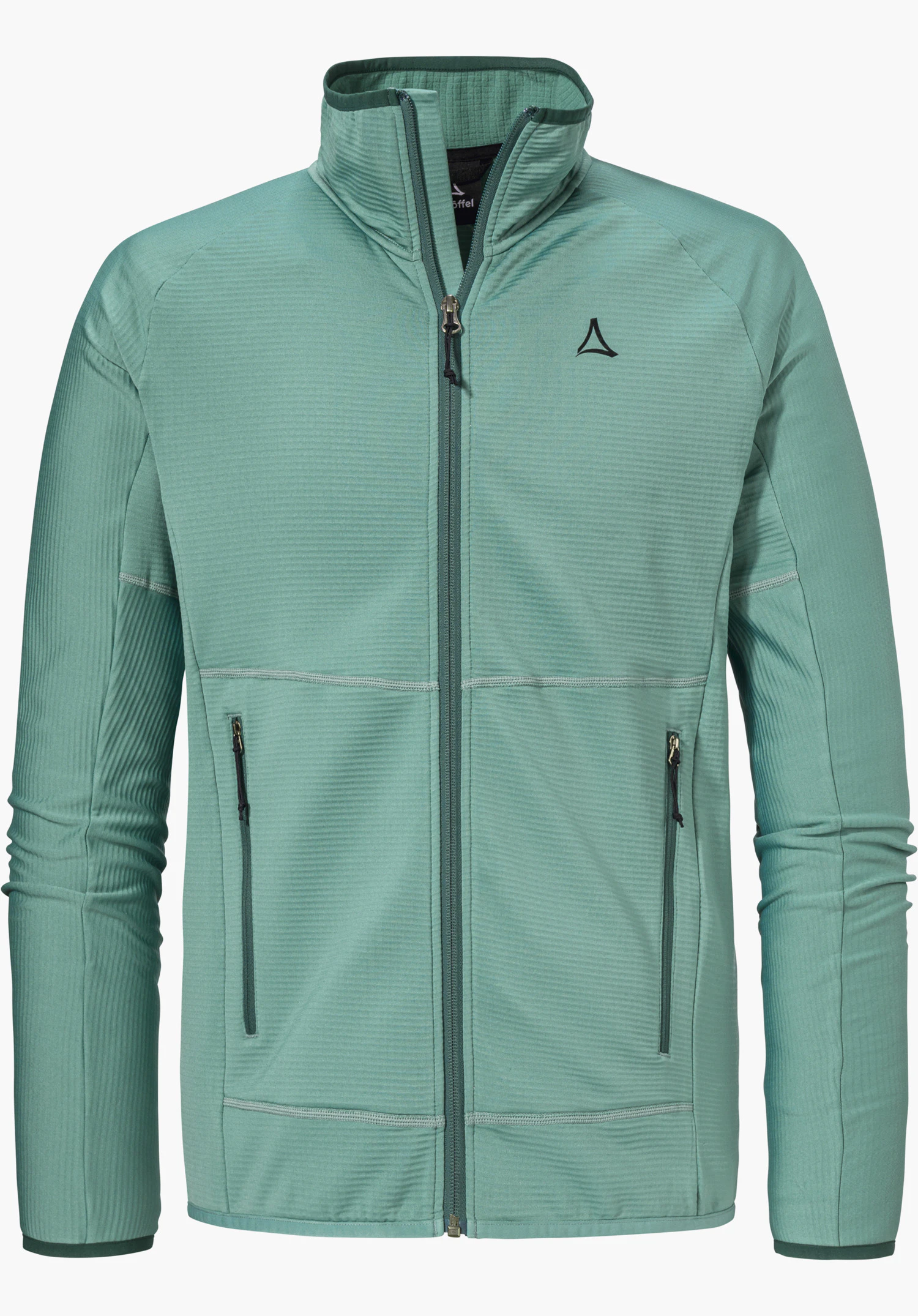 Fleece Jk Style Cascata MNS en vert avec une fermeture éclair frontale intégrale, un col montant, deux poches latérales zippées et le logo Schöffel sur la poitrine gauche, détouré sur fond blanc.