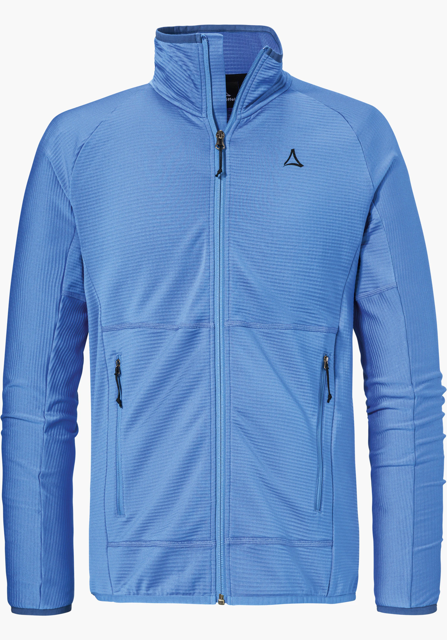 Fleece Jk Style Cascata MNS in Blau mit feiner Rippstruktur, durchgehendem Frontreißverschluss, zwei seitlichen Reißverschlusstaschen und schwarzem Schöffel-Logo auf der linken Brust, freigestellt vor weißem Hintergrund.