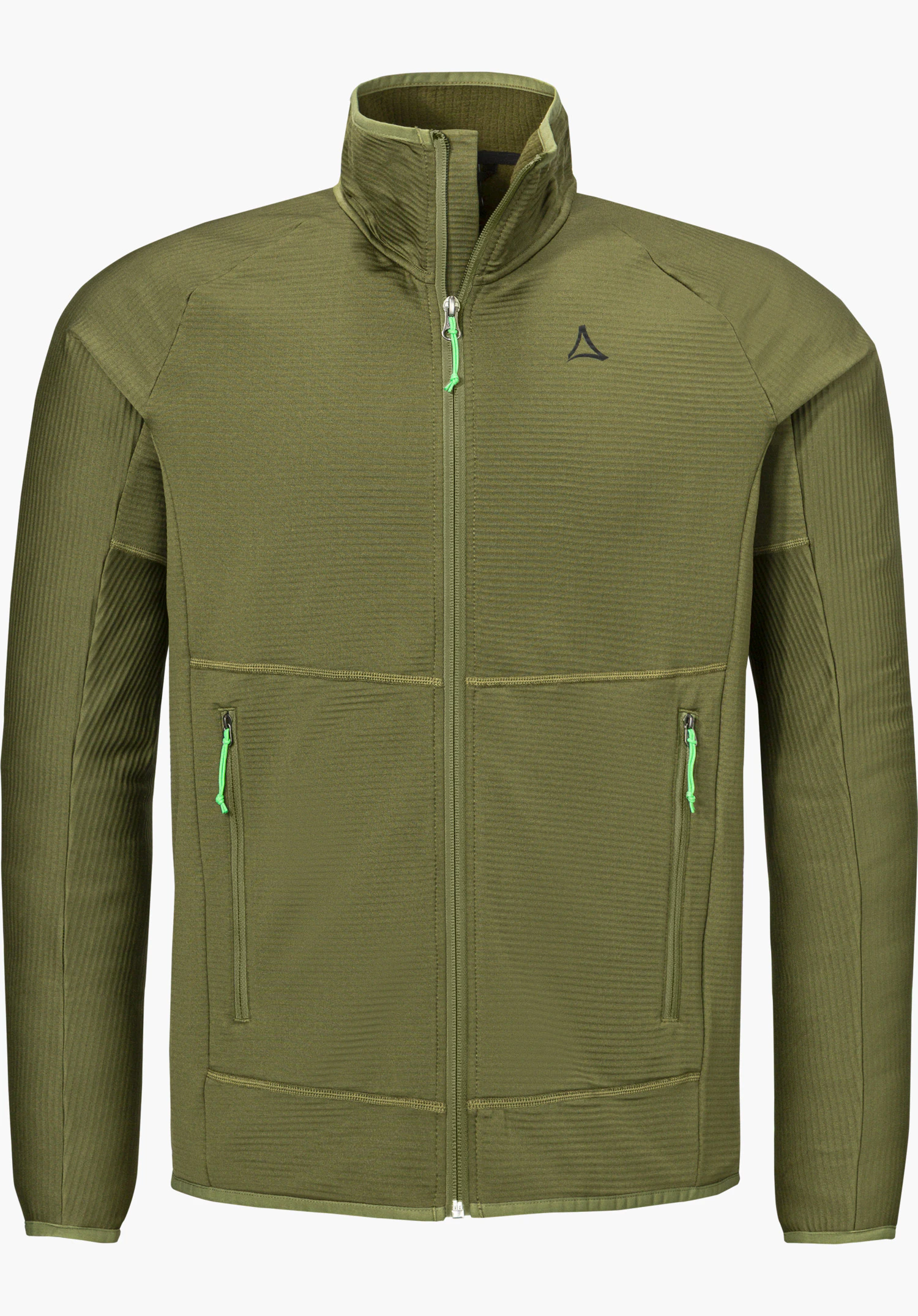 Fleece Jk Style Cascata MNS in Grün mit Stehkragen, durchgehendem Frontreißverschluss, zwei seitlichen Reißverschlusstaschen und einem schwarzen Schöffel-Logo auf der Brust, freigestellt vor weißem Hintergrund.