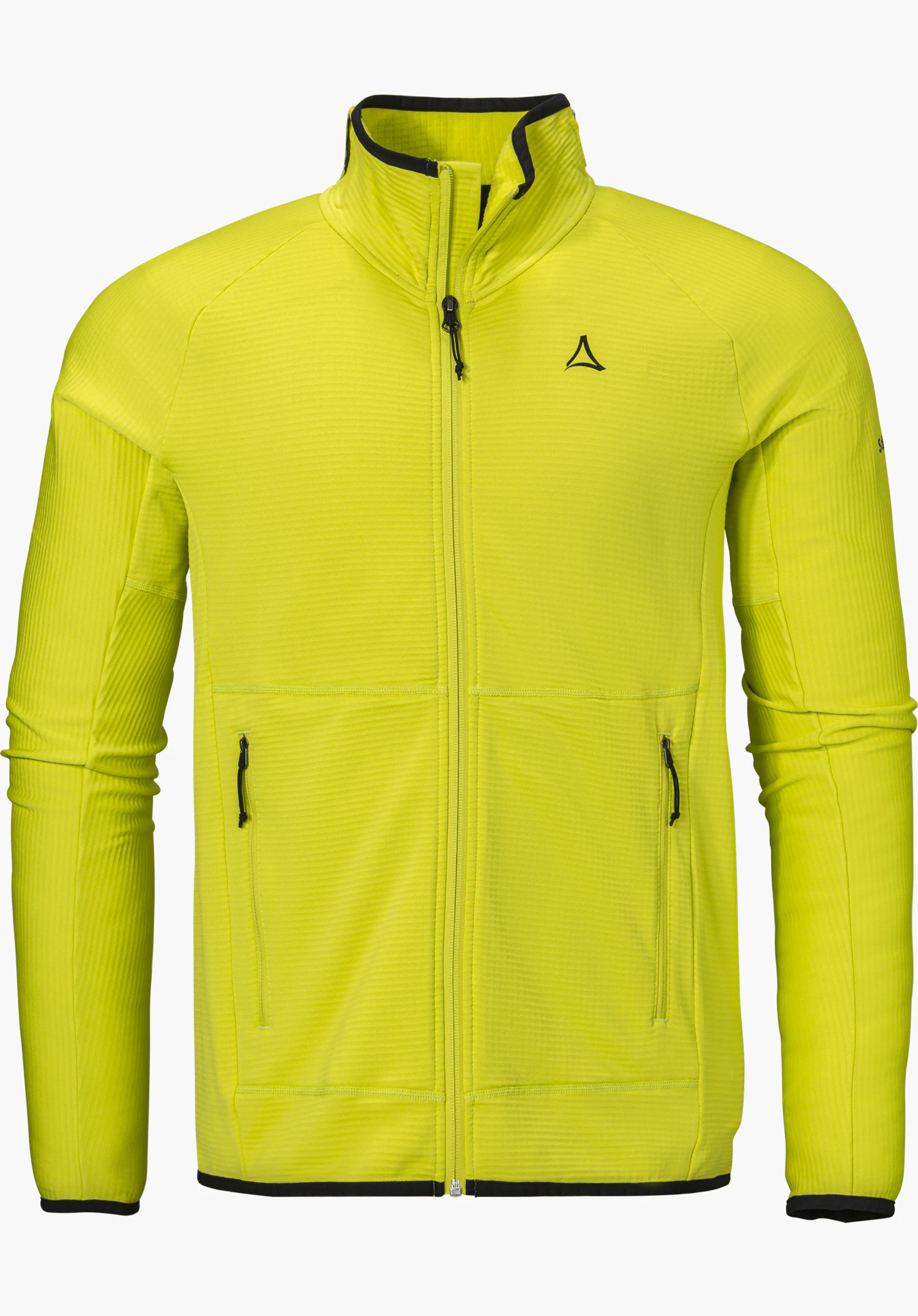 Fleece Jk Style Cascata MNS in yellow, shown from the front with a full-length zipper, stand-up collar and Schöffel logo, isolated on a white background.
