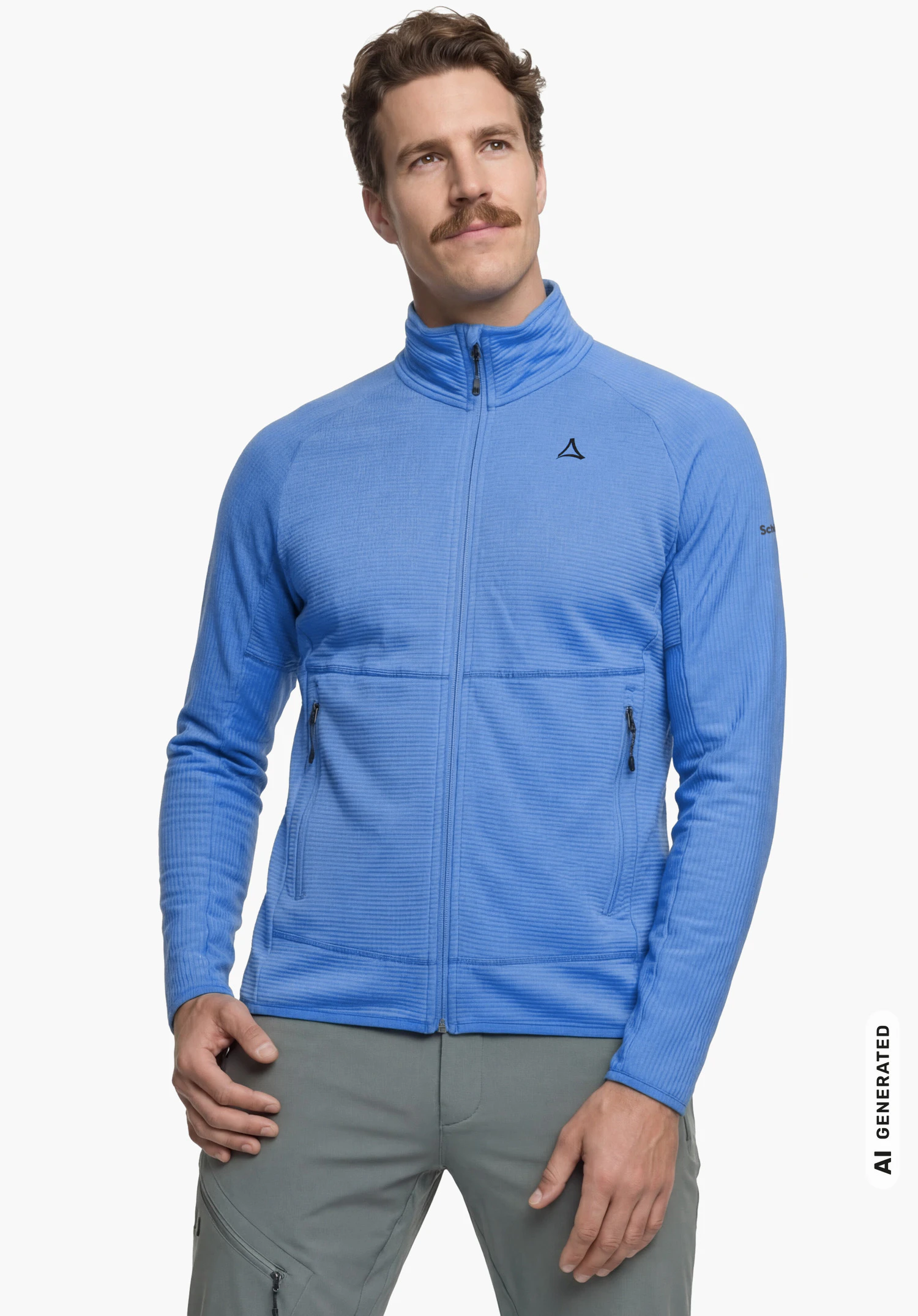 Fleece Jk Style Cascata MNS in blau mit Stehkragen und Schöffel-Logo, getragen von einem männlichen Model im aufrechten Stand in Frontansicht mit hängenden Armen vor weißem Hintergrund. (KI-generiert)