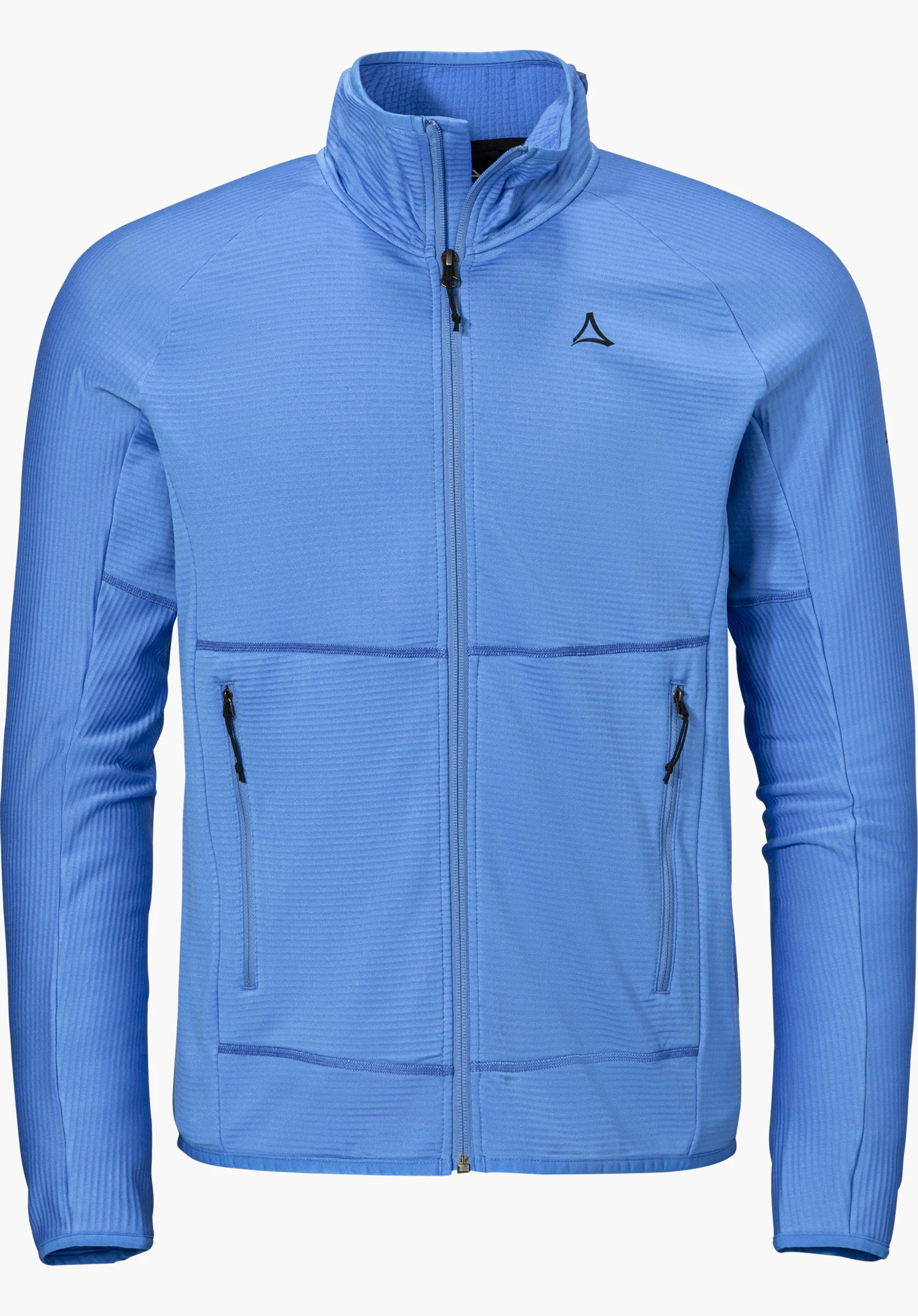 Fleece Jk Style Cascata MNS in blue with a front zipper, stand-up collar, two side zippered pockets and a black Schöffel logo on the chest, isolated on a white background.