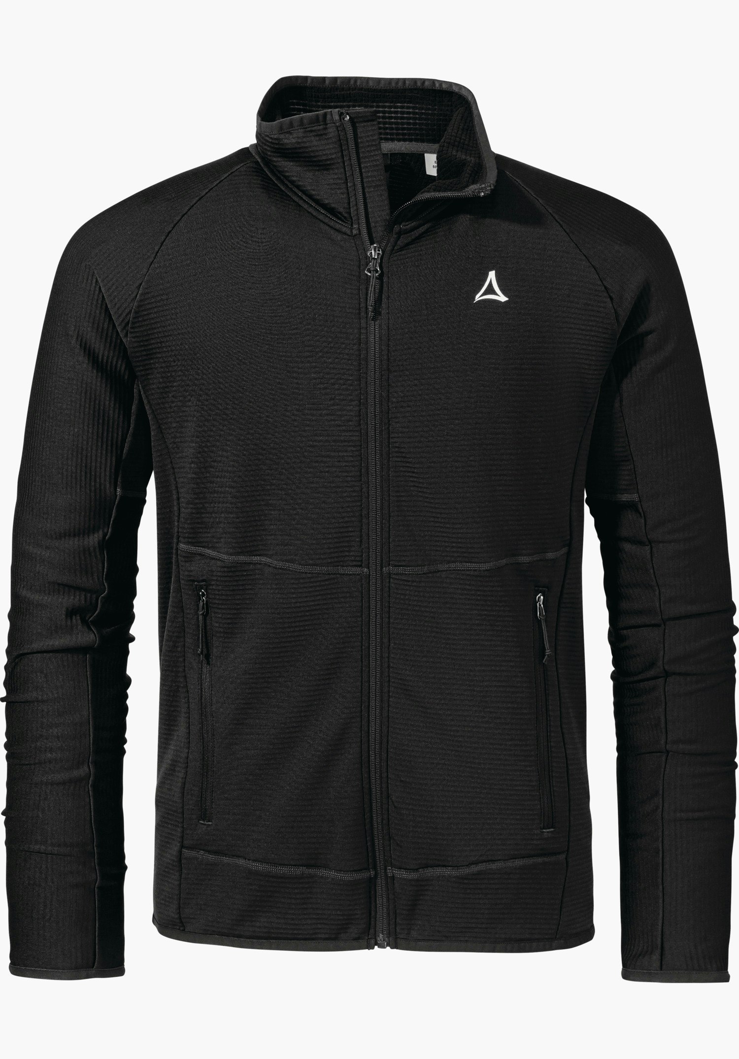 Fleece Jk Style Cascata MNS Schwarze, leicht strukturierte Fleecejacke  mit geschlossenem Reißverschluss, weißes Schöffel-Logo auf linker Brust, zwei Reißverschlusstaschen, lange Ärmel, neutraler weißer Hintergrund.
