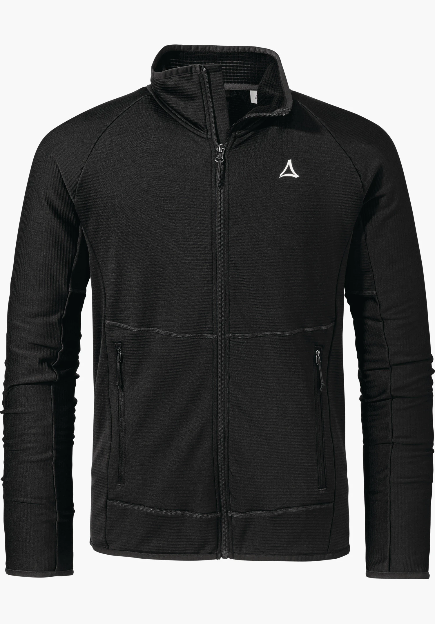 Fleece Jk Style Cascata MNS black slightly textured fleece jacket with zip closed; white Schöffel logo on the left chest; two zip pockets, long sleeves; neutral white background.