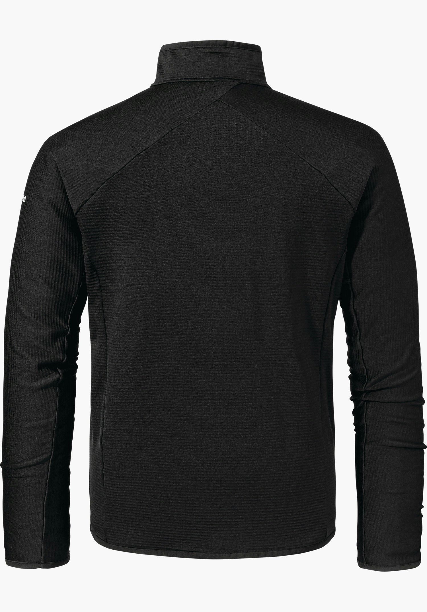 Fleece Jk Style Cascata MNS schwarze Langarmjacke, zeigt Rückenansicht, liegt flach vor weißem Hintergrund; Stehkragen, sichtbare Nahtlinien und fein strukturierte Oberfläche.