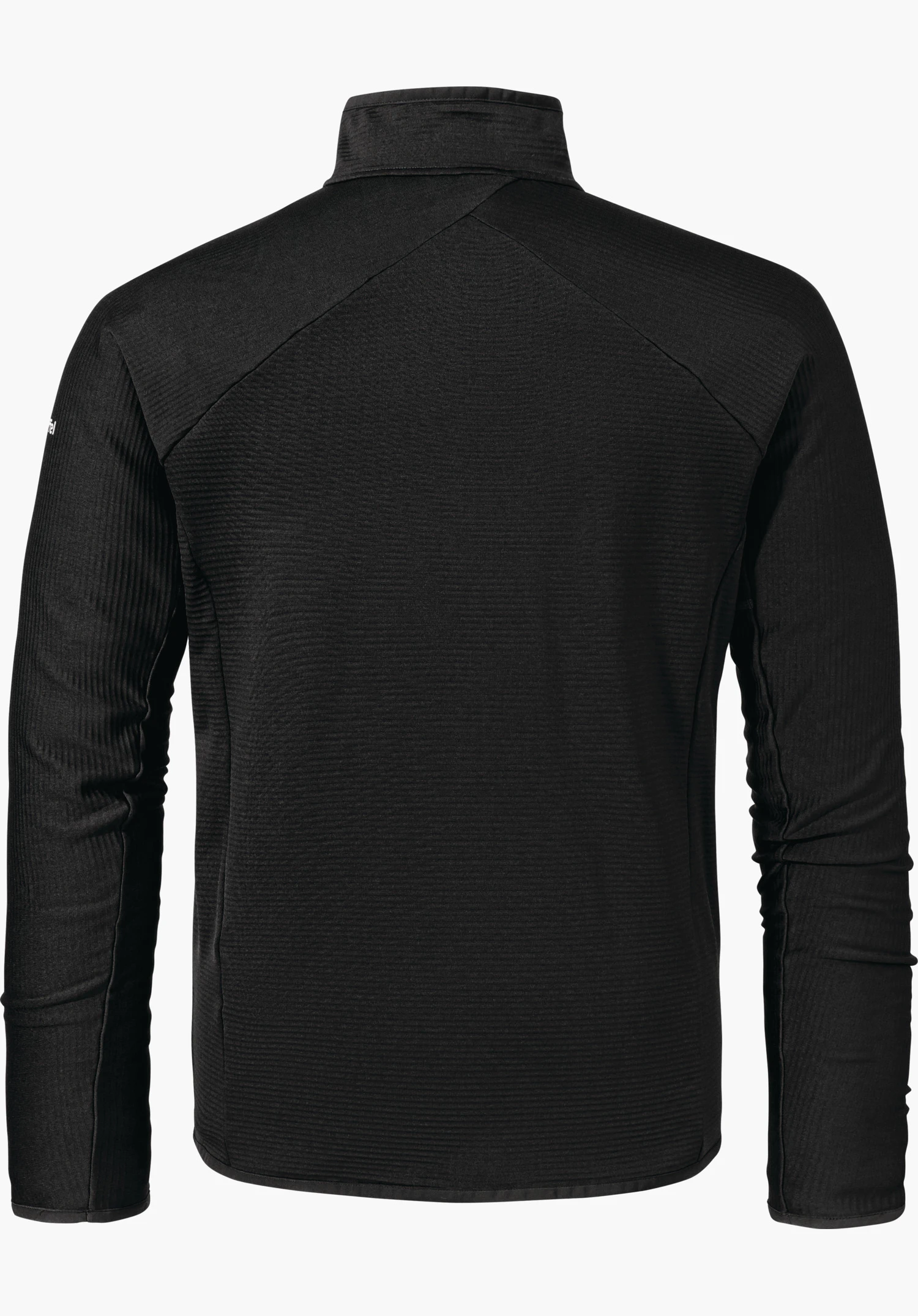 Fleece Jk Style Cascata MNS black long-sleeved jacket, showing rear view, laid flat on a white background; stand-up collar, visible seam lines and finely textured surface.