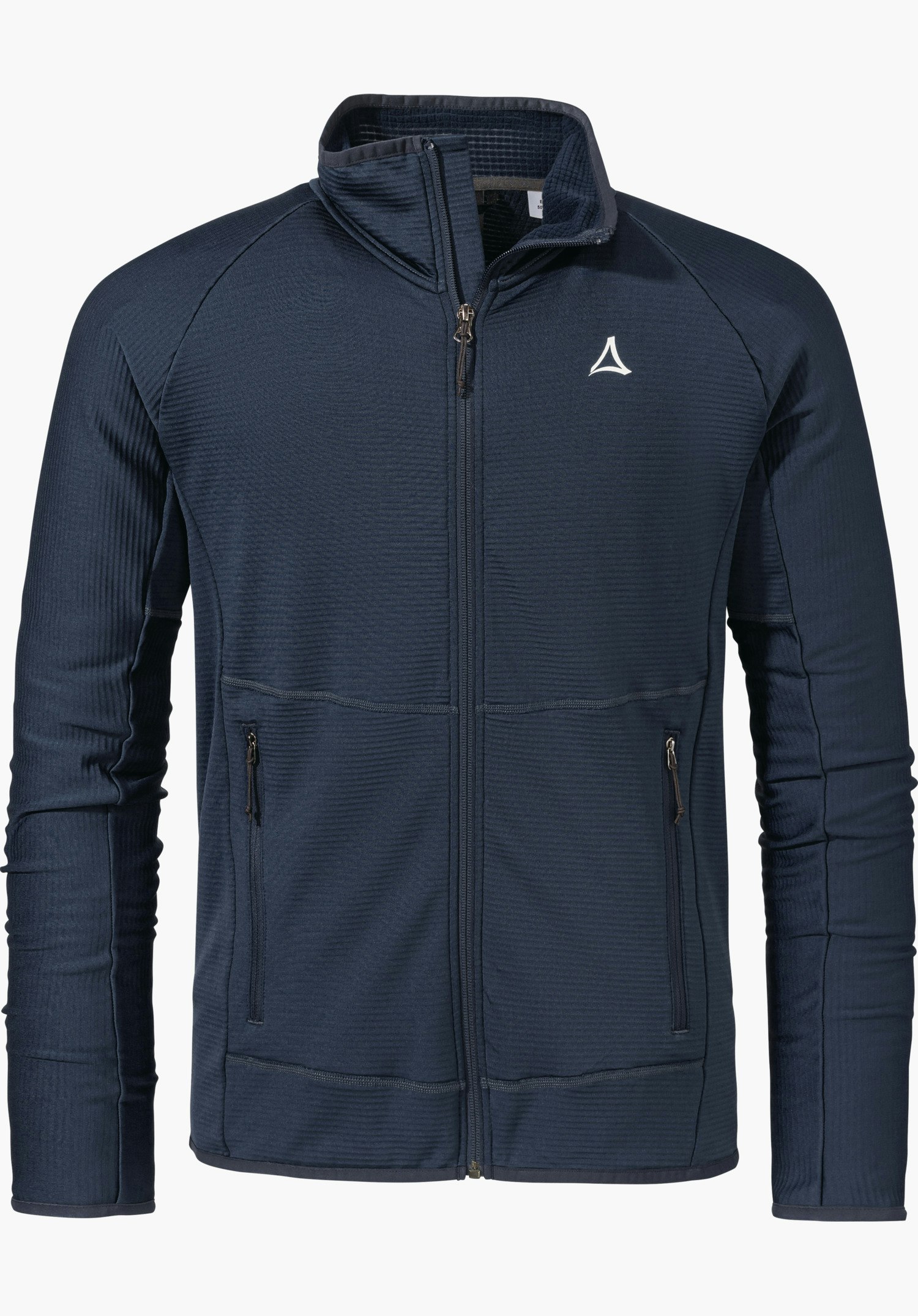 Fleece Jk Style Cascata MNS dunkelblaue, durchgehend zugezippte Fleecejacke mit hohem Kragen; Schöffel-Logo auf der linken Brust; zwei Reißverschlusstaschen; freigestellt vor weißem Hintergrund.