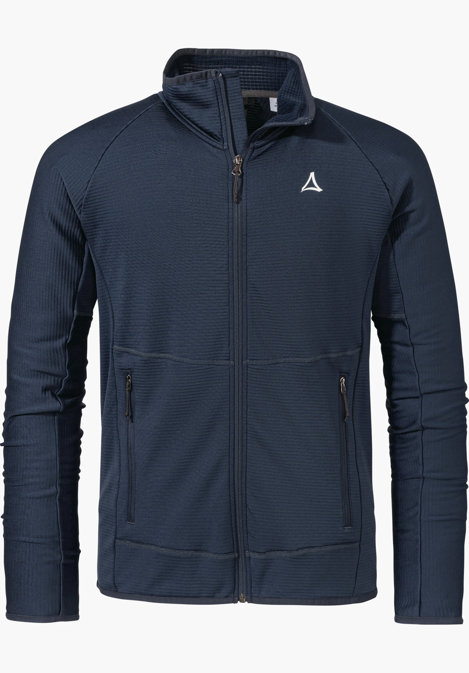 Fleece Jk Style Cascata MNS dark blue fleece jacket, fully zipped up with high collar; Schöffel logo on the left chest; two zip pockets; isolated on a white background.
