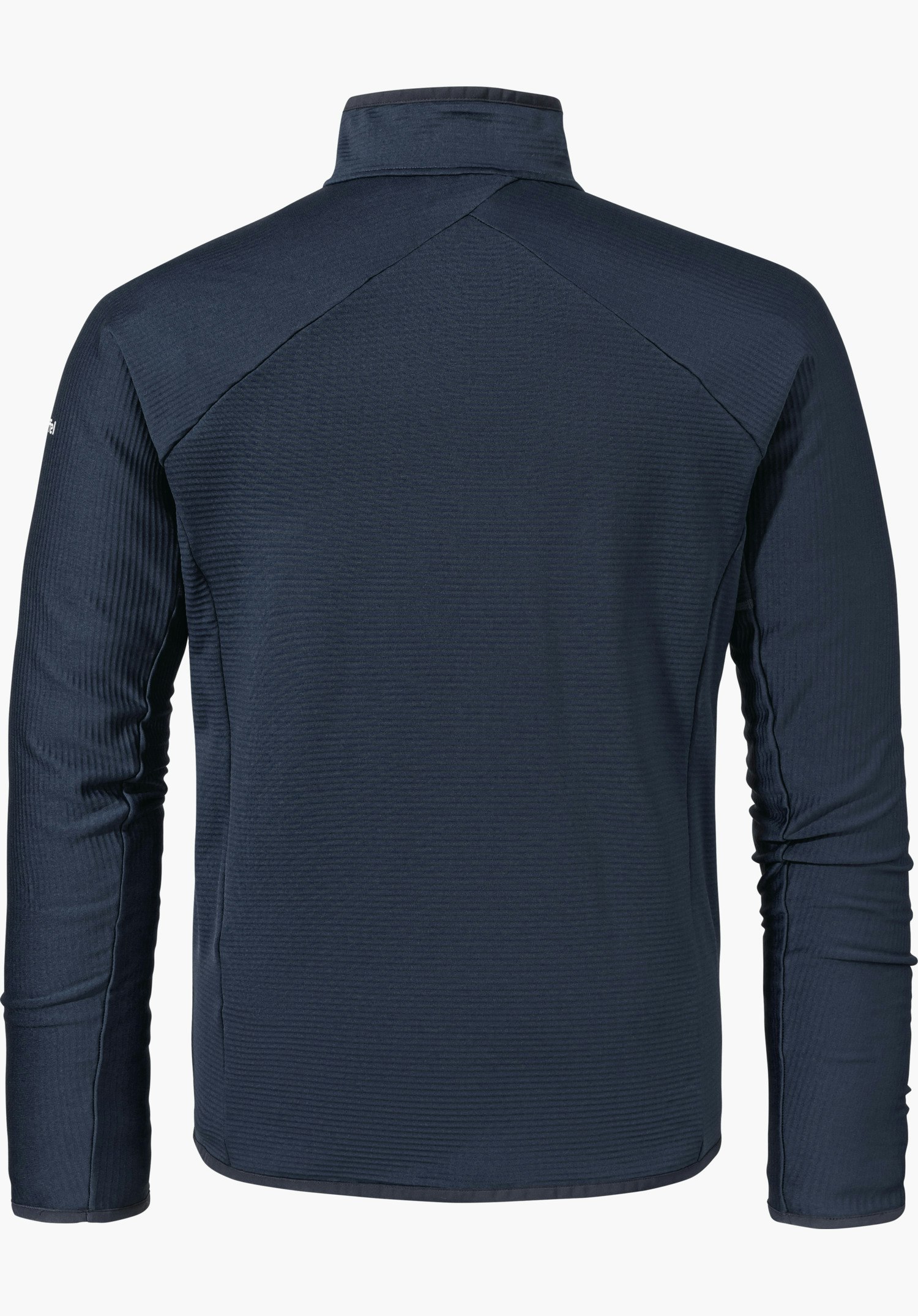 Fleece Jk Style Cascata MNS dunkelblaue Jacke, sichtbar von hinten, langärmlig; feine Rippenstruktur, Stehkragen und gerader Saum; flach präsentiert vor hellem neutralem Hintergrund.