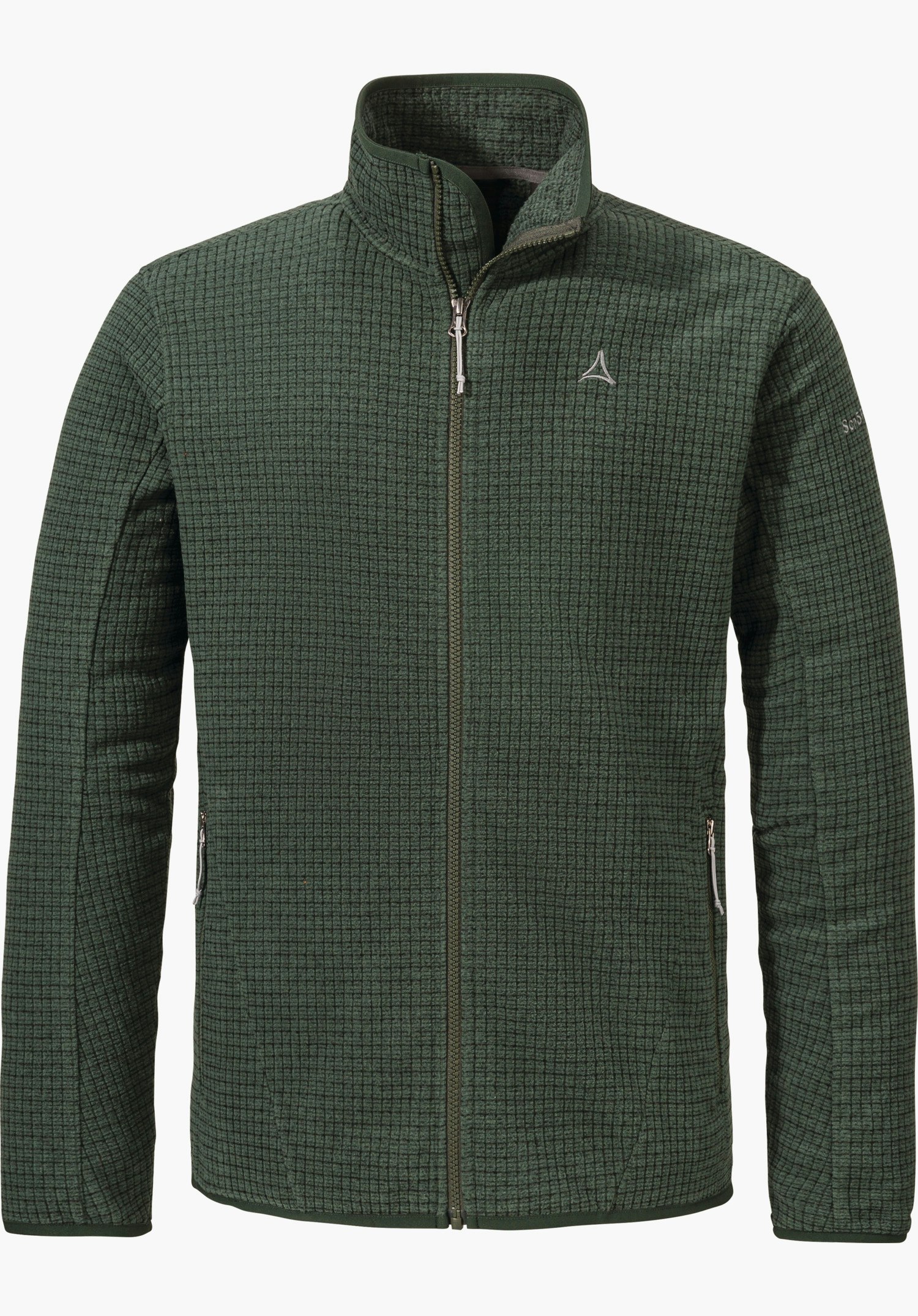 CIRC Fleece Jk Style Terxa MNS Dunkelgrüne Fleecejacke in flauschiger Waffelstruktur mit geschlossenem Reißverschluss, Stehkragen und Kinnschutz, Schöffel-Logo auf der Brust; freigestellt vor hellem Hintergrund.