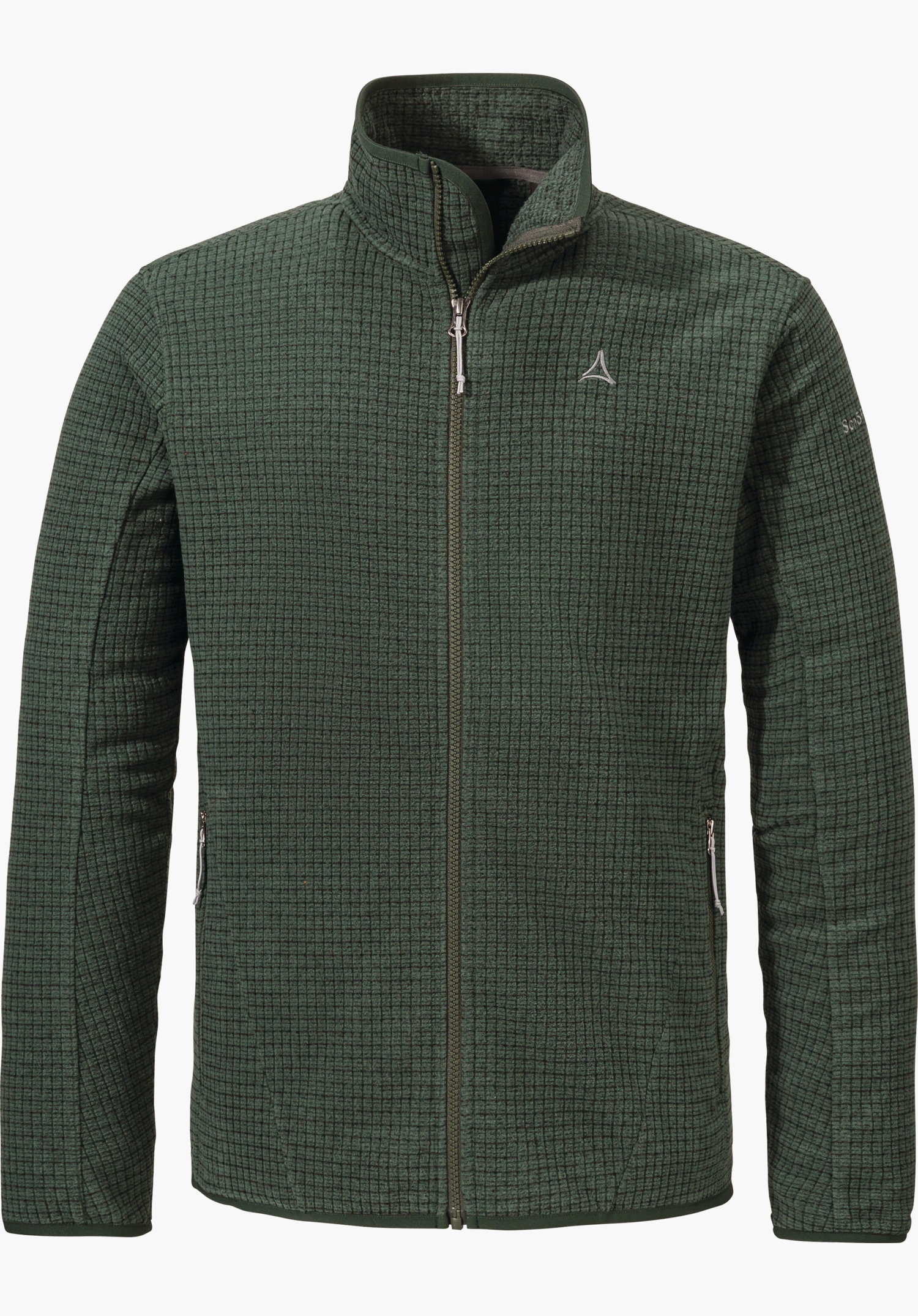 CIRC Fleece Jk Style Terxa MNS Dunkelgrüne Fleecejacke in flauschiger Waffelstruktur mit geschlossenem Reißverschluss, Stehkragen und Kinnschutz, Schöffel-Logo auf der Brust; freigestellt vor hellem Hintergrund.