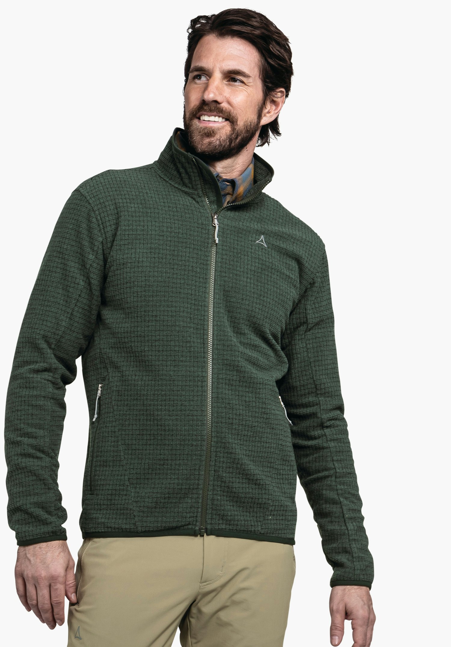 CIRC Fleece Jk Style Terxa MNS Männerjacke (dunkelgrün) mit Reißverschluss und Schöffel-Logo, getragen von einem lächelnden Mann, der entspannt steht vor neutralem, weißem Hintergrund.