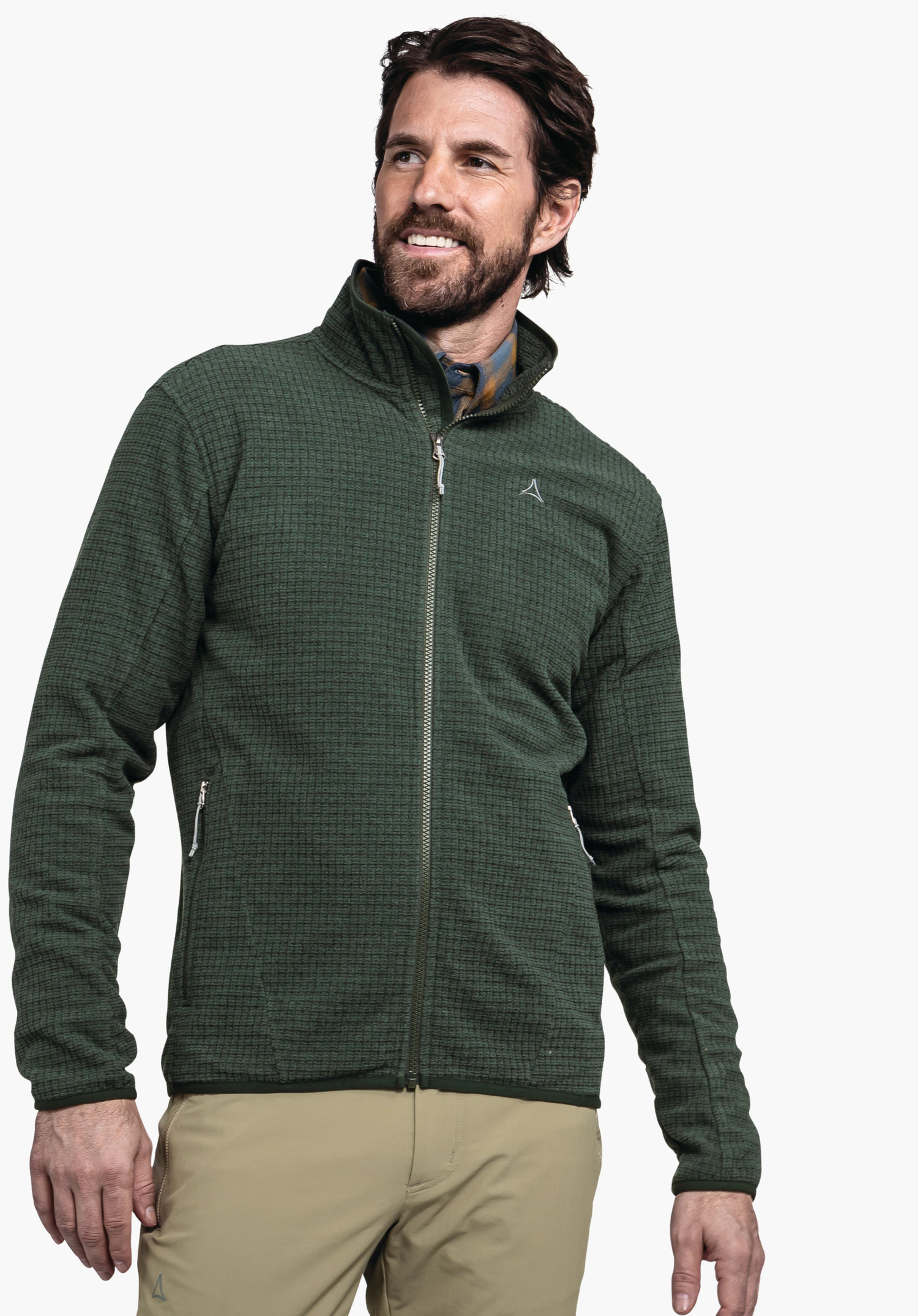 CIRC Fleece Jk Style Terxa MNS Männerjacke (dunkelgrün) mit Reißverschluss und Schöffel-Logo, getragen von einem lächelnden Mann, der entspannt steht vor neutralem, weißem Hintergrund.