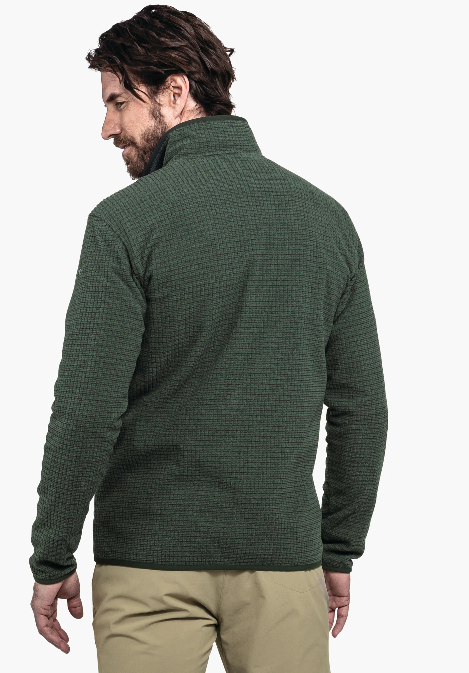 CIRC Fleece Jk Style Terxa MNS dark green textured jacket worn by a man facing away and turning his head left; white background; rear view with raised collar.