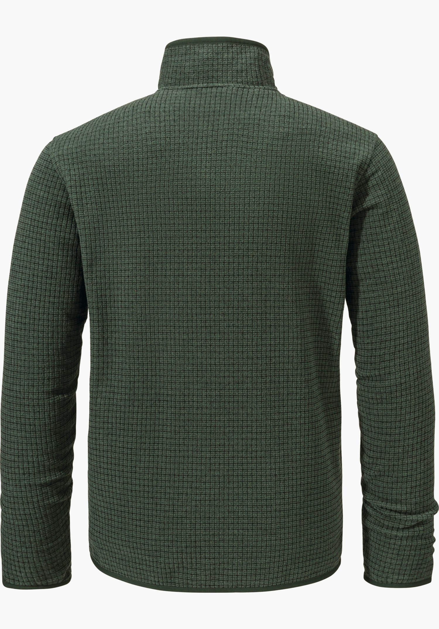 CIRC Fleece Jk Style Terxa MNS dunkelgrüne Fleecejacke, Rückenansicht; Stehkragen, lange Ärmel, feines Waffelstrickgittermuster; liegt flach vor weißem Hintergrund.