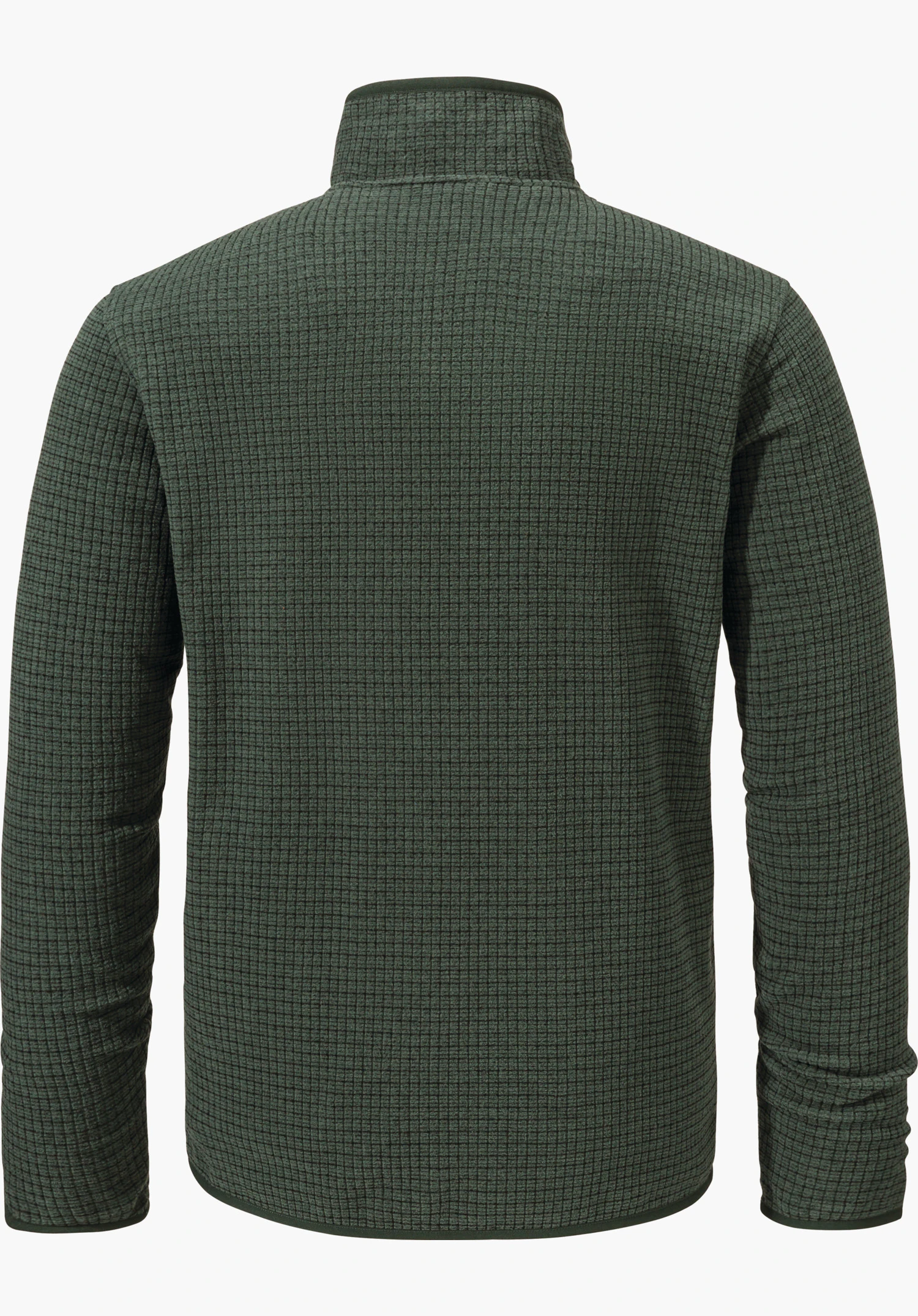 CIRC Fleece Jk Style Terxa MNS dark green fleece jacket, rear view; stand-up collar, long sleeves, fine waffle-knit grid pattern; laid flat on a white background.