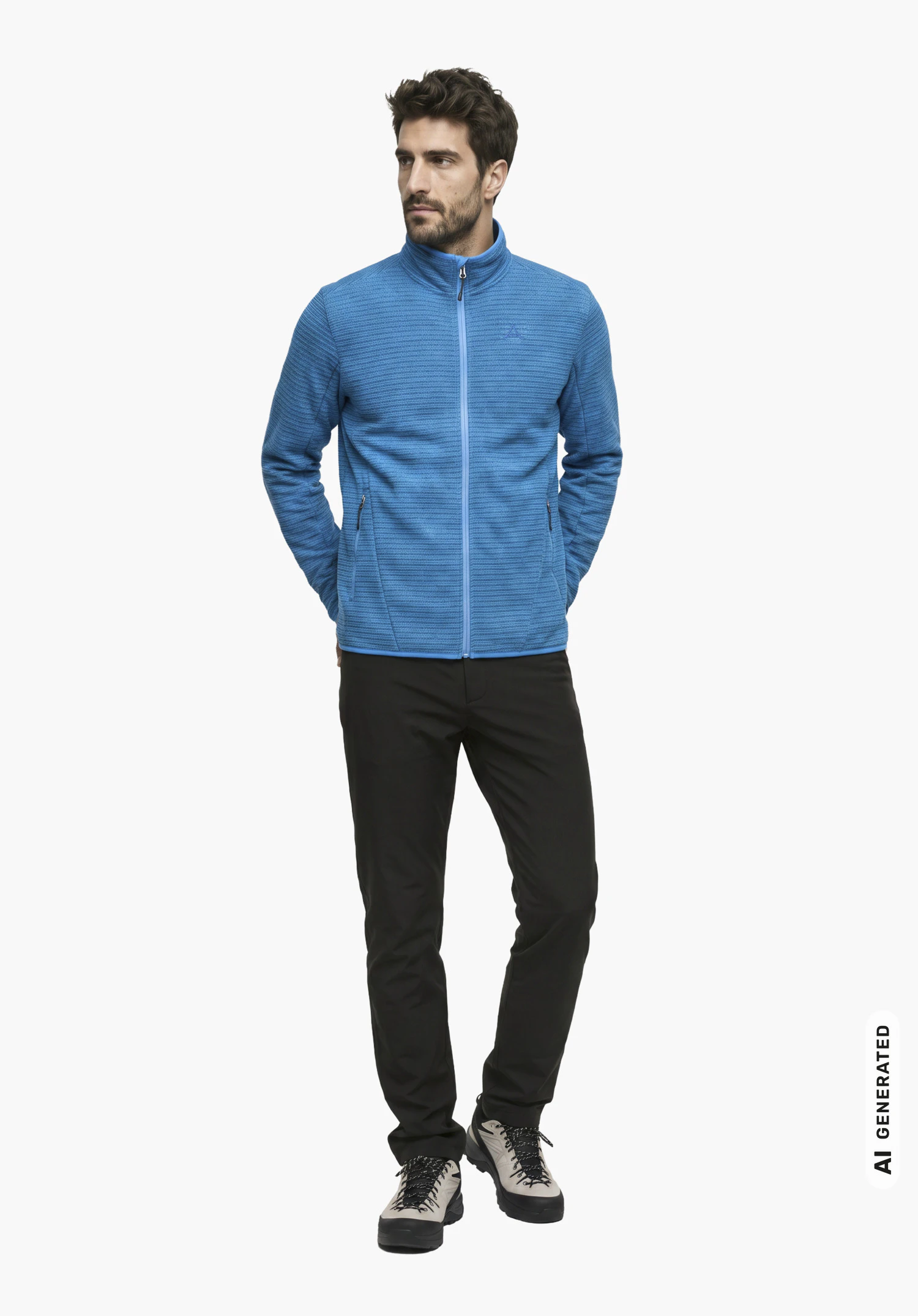 CIRC Fleece Jk Style Terxa MNS in blue featuring the Schöffel logo, worn by a male model with his upper body slightly turned to the side and hands behind his back in a side view against a white background. (AI-generated)