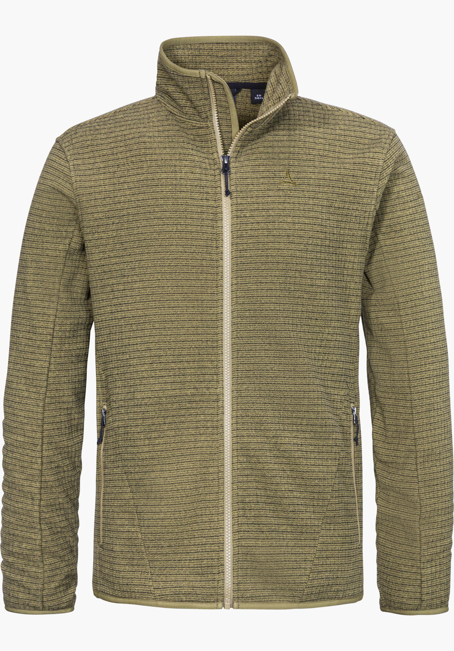 CIRC Fleece Jk Style Terxa MNS in grün mit Stehkragen, durchgehendem Reißverschluss, zwei seitlichen Eingrifftaschen und einem gestickten Schöffel-Logo auf der Brust, freigestellt vor weißem Hintergrund.