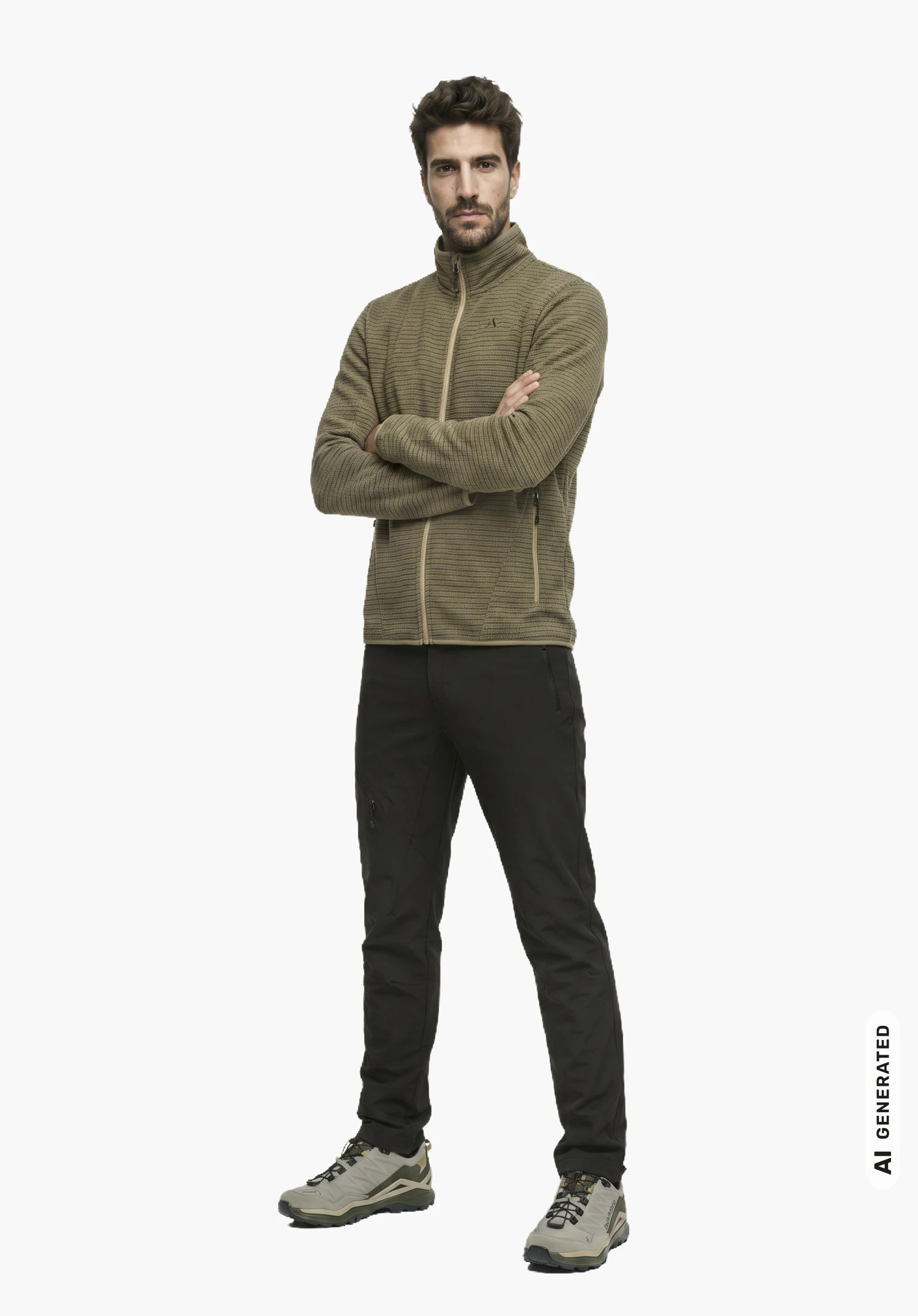 CIRC Fleece Jk Style Terxa MNS in green, worn by a male model with crossed arms in a slight profile view against a white background. (AI-generated)