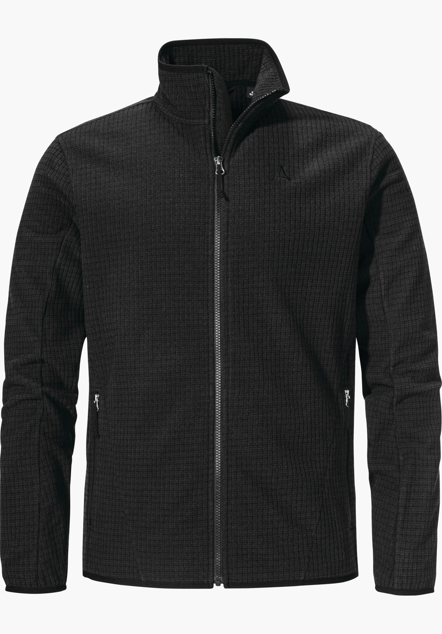 CIRC Fleece Jk Style Terxa MNS Schwarze Fleecejacke in flauschiger Waffelstruktur mit geschlossenem Reißverschluss, Stehkragen und Kinnschutz, Schöffel-Logo auf der Brust; freigestellt vor hellem Hintergrund.