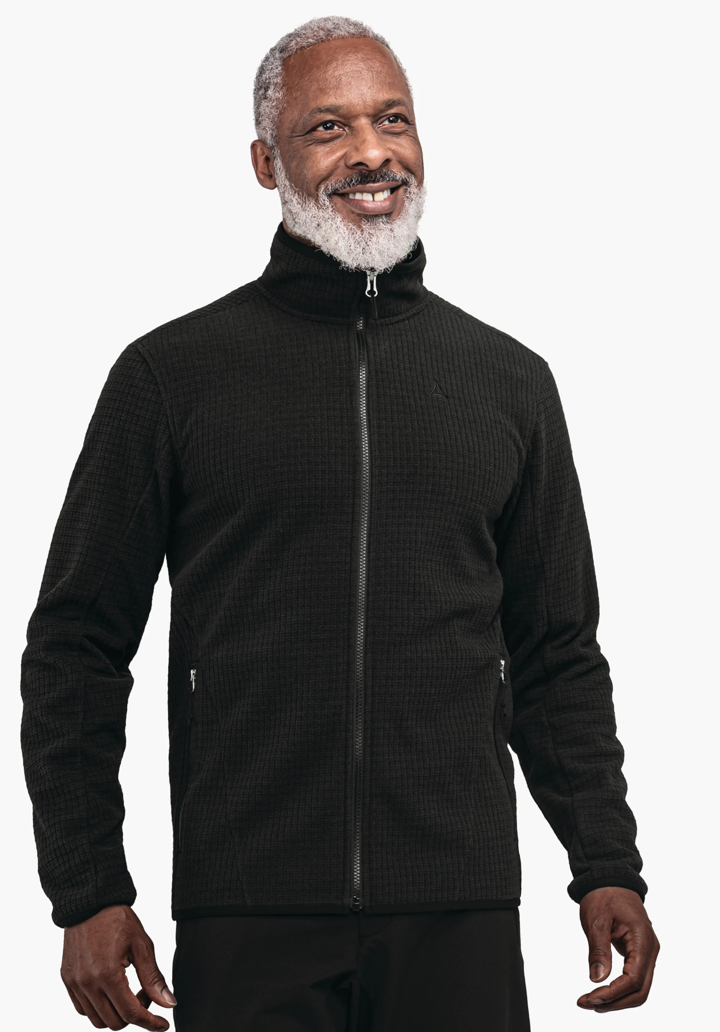 CIRC Fleece Jk Style Terxa MNS black jacket with full-length zip, worn by a man with white hair and beard; Schöffel logo on the chest; standing against a white background.