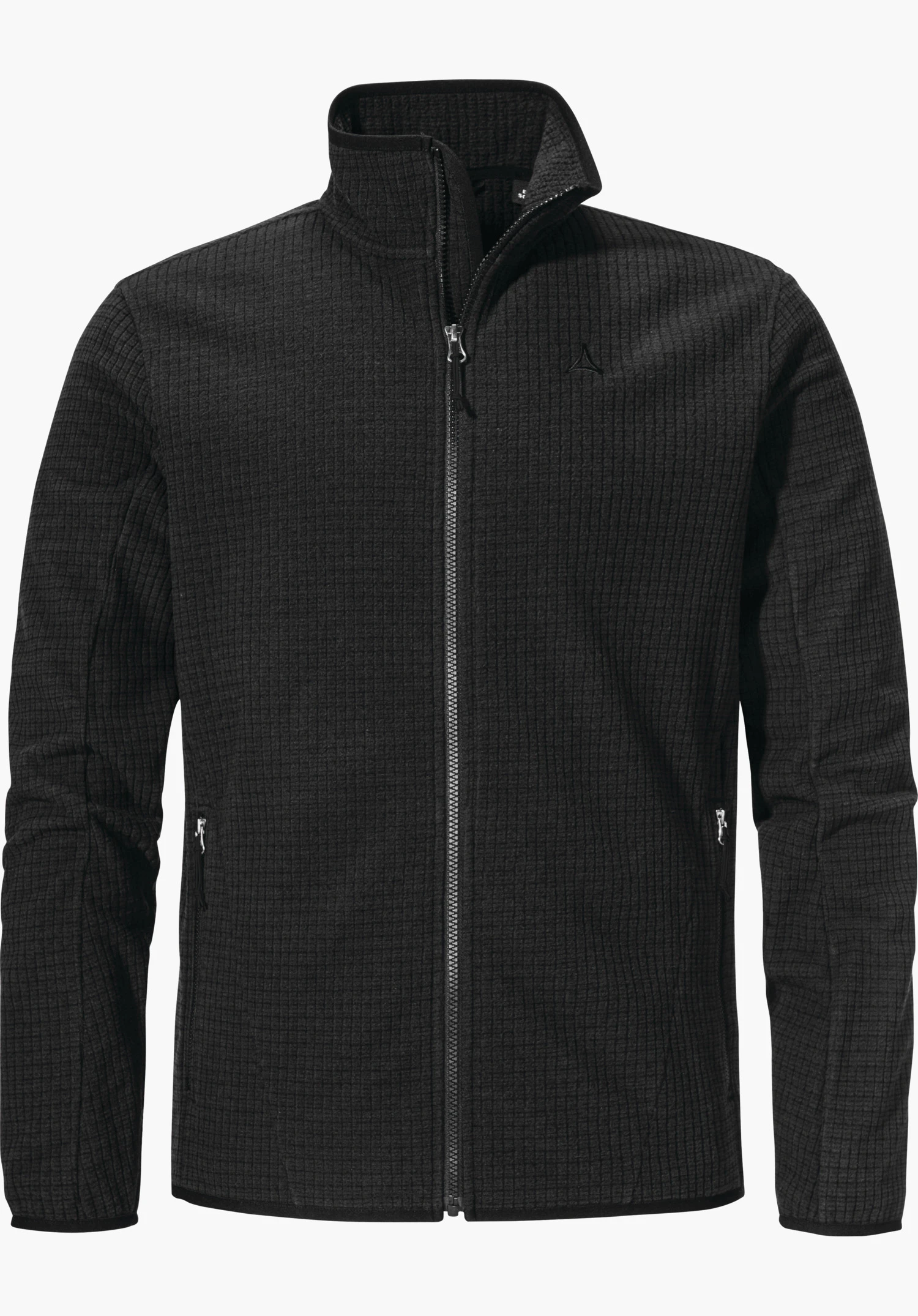 CIRC Fleece Jk Style Terxa MNS black fleece jacket in a fluffy waffle texture, zip closed, stand-up collar and chin guard; Schöffel logo on the chest; isolated on a light background.