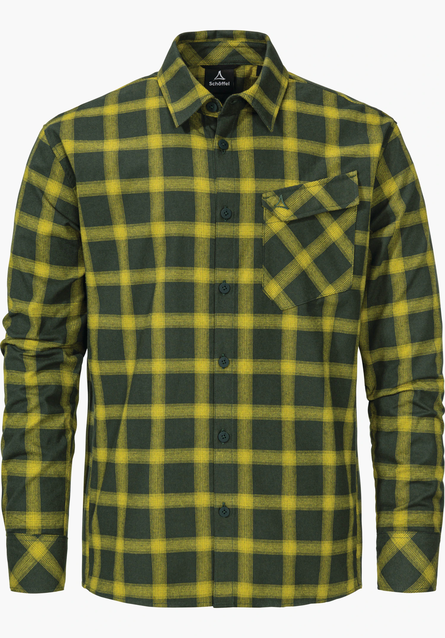 Shirt Style Poplar MNS Kariertes, langärmeliges Hemd (dunkelgrün und gelb), frontal präsentiert auf weißem Hintergrund, mit Knopfleiste, schräger Brusttasche und Kragen; Schöffel-Logo und Schriftzug Schöffel am Kragen.