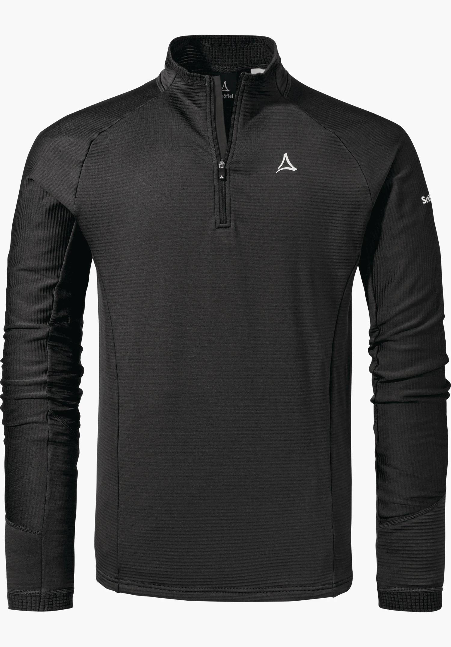 Longsleeve Style Cascata MNS black long-sleeved functional top with short zip; Schöffel logo on the chest; stand-up collar; laid flat on a white background; “Schöffel” lettering on the sleeve.