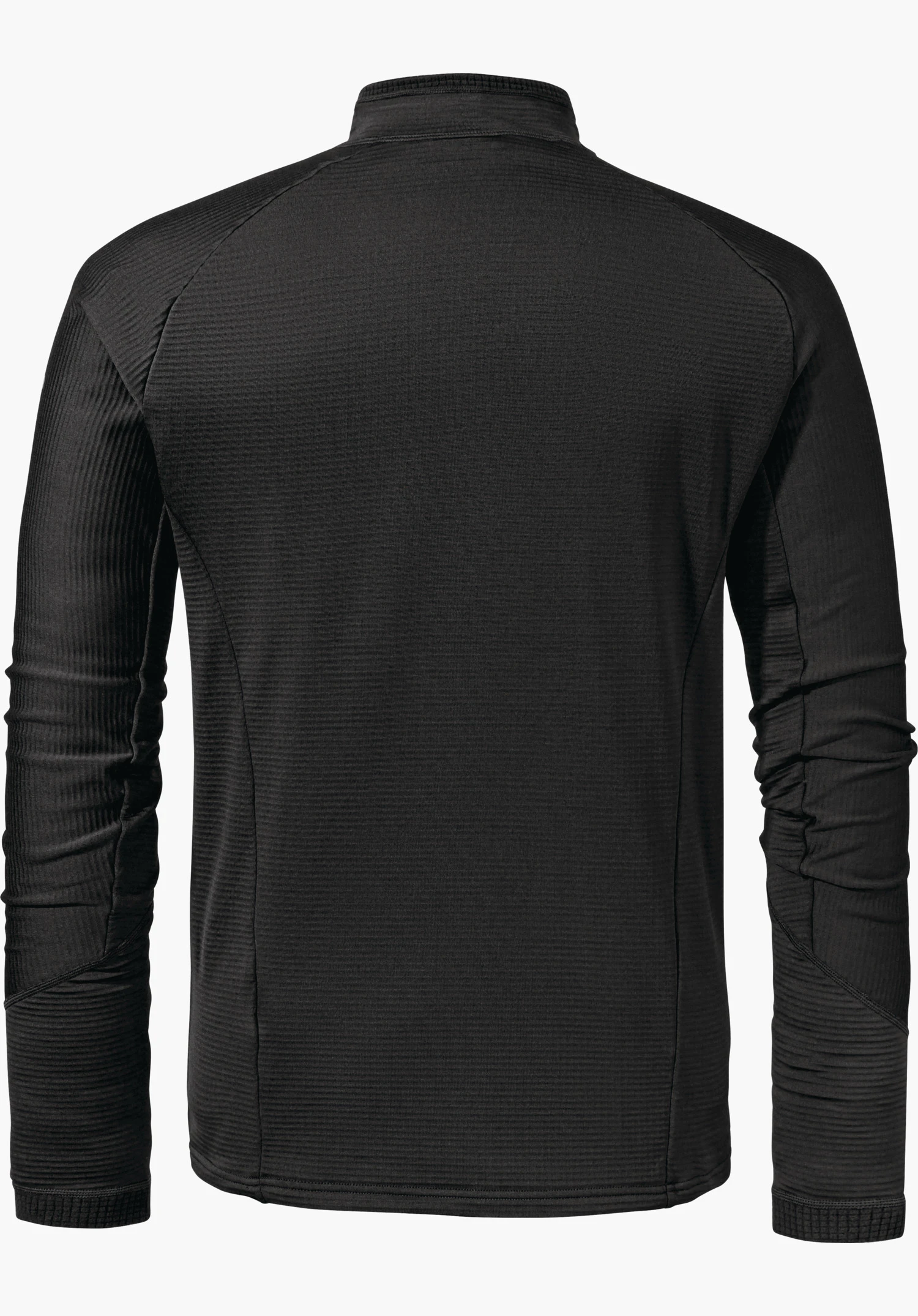 Longsleeve Style Cascata MNS black long-sleeved shirt, laid flat showing the back; sleeves slightly gathered, fine ribbed texture visible; neutral white background.