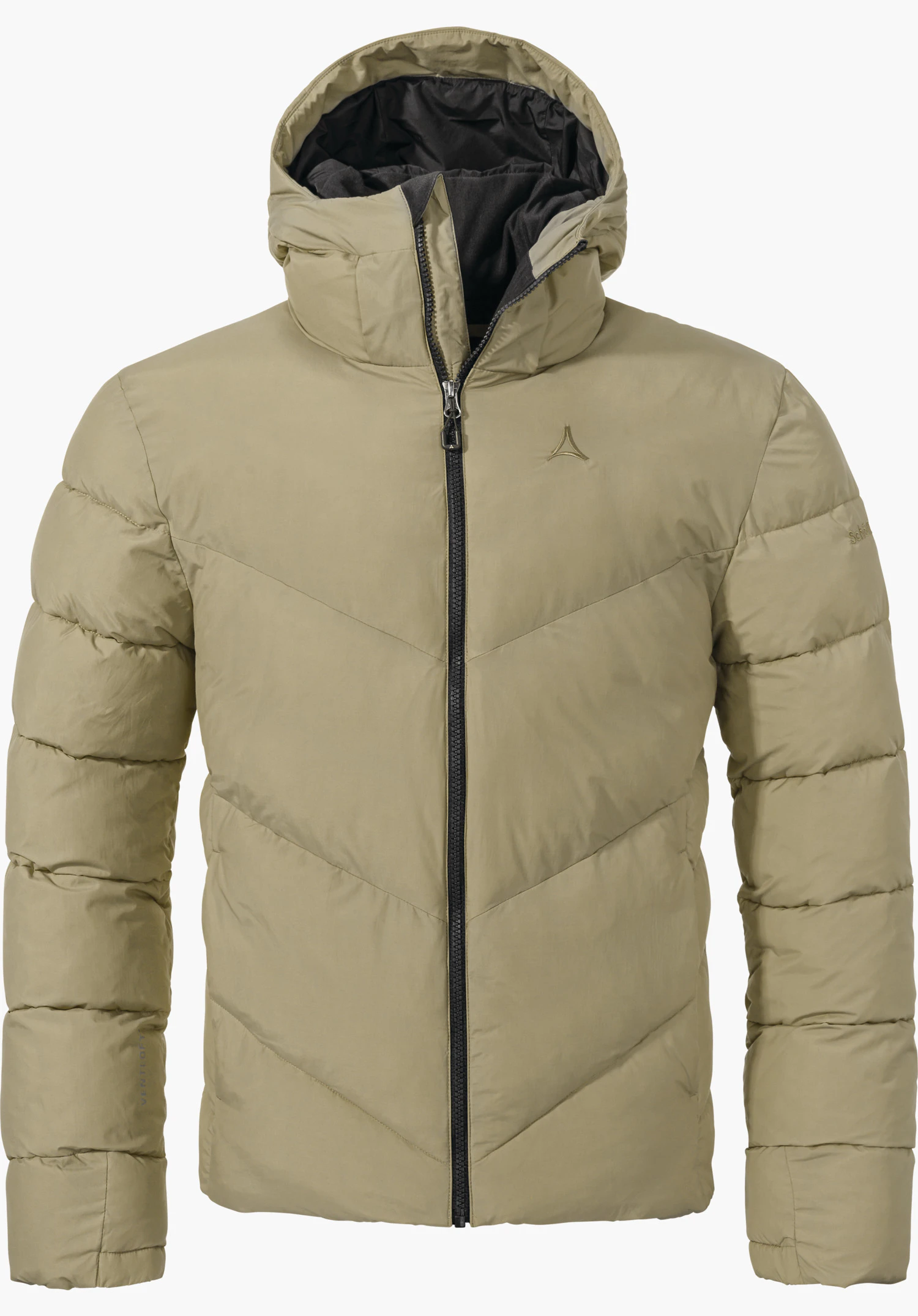 Urban Ins Jacket Style Lodos MNS Beige gesteppte Pufferjacke, vorne mit Reißverschluss geschlossen, Schöffel-Logo auf der Brust, isoliert präsentiert vor weißem Hintergrund.