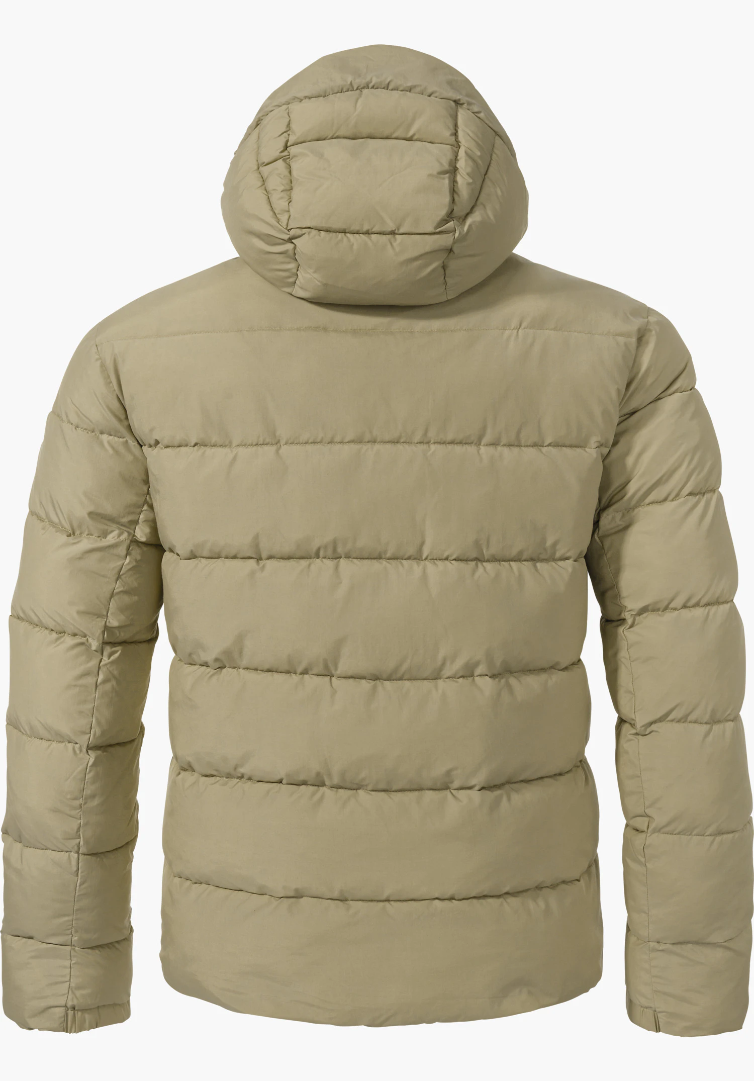 Ins Jacket Style Lodos MNS hellgrüne Steppjacke mit Kapuze, zeigt Rückansicht, horizontale Steppungen über Rumpf und Ärmel, lange Ärmel; neutraler weißer Hintergrund.