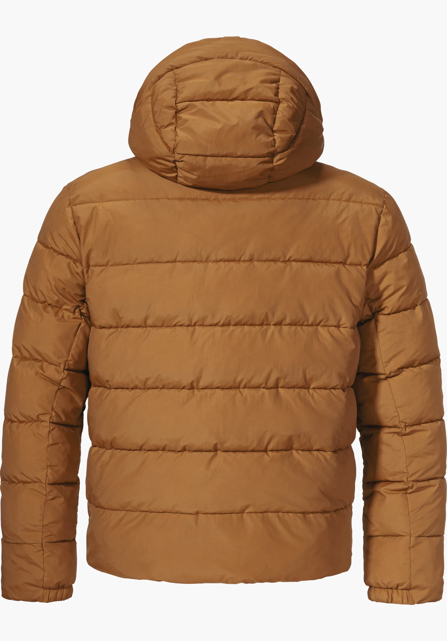 Ins Jacket Style Lodos MNS Gewatteerde jas, achteraanzicht; met capuchon en horizontale stiknaden; lichtbruin; vrijstaand op witte achtergrond.