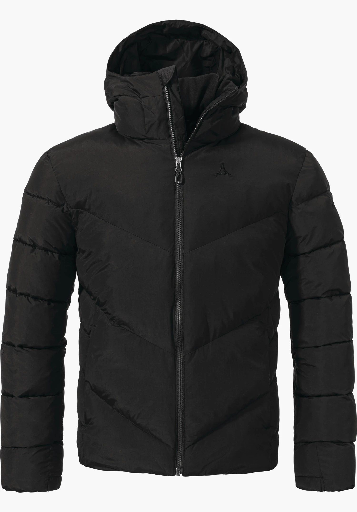 Urban Ins Jacket Style Lodos MNS Schwarze Pufferjacke mit durchgehendem Reißverschluss, Kapuze aufgestellt; Schöffel-Logo auf der linken Brust; V-förmige Steppnähte, vor neutralem weißen Studiohintergrund.