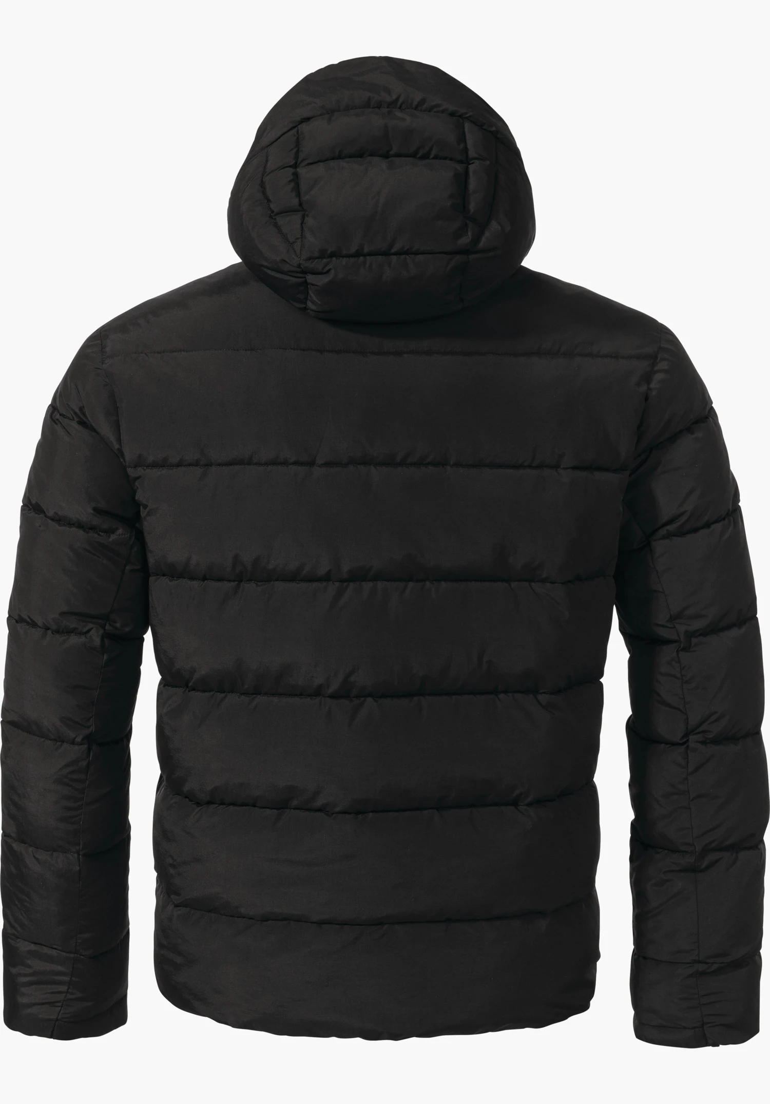 Ins Jacket Style Lodos MNS Veste matelassée noire à capuche, vue de dos; matelassage horizontal et manches longues, présentée debout sur fond blanc.
