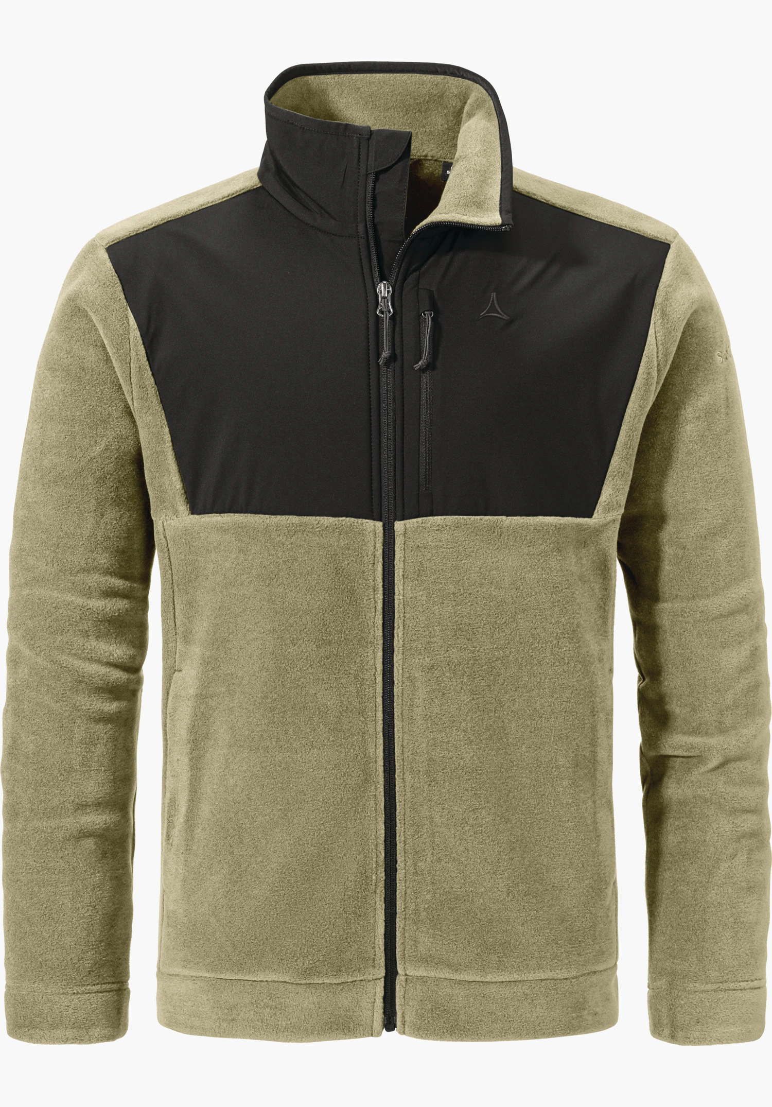 Urban Fleece Jk Style Gregale MNS Fleecejacke, beige mit schwarzem glatten Brustbesatz, geschlossener Reißverschluss, Schöffel-Logo auf der linken Brust; frontale Produktaufnahme vor weißem Hintergrund.