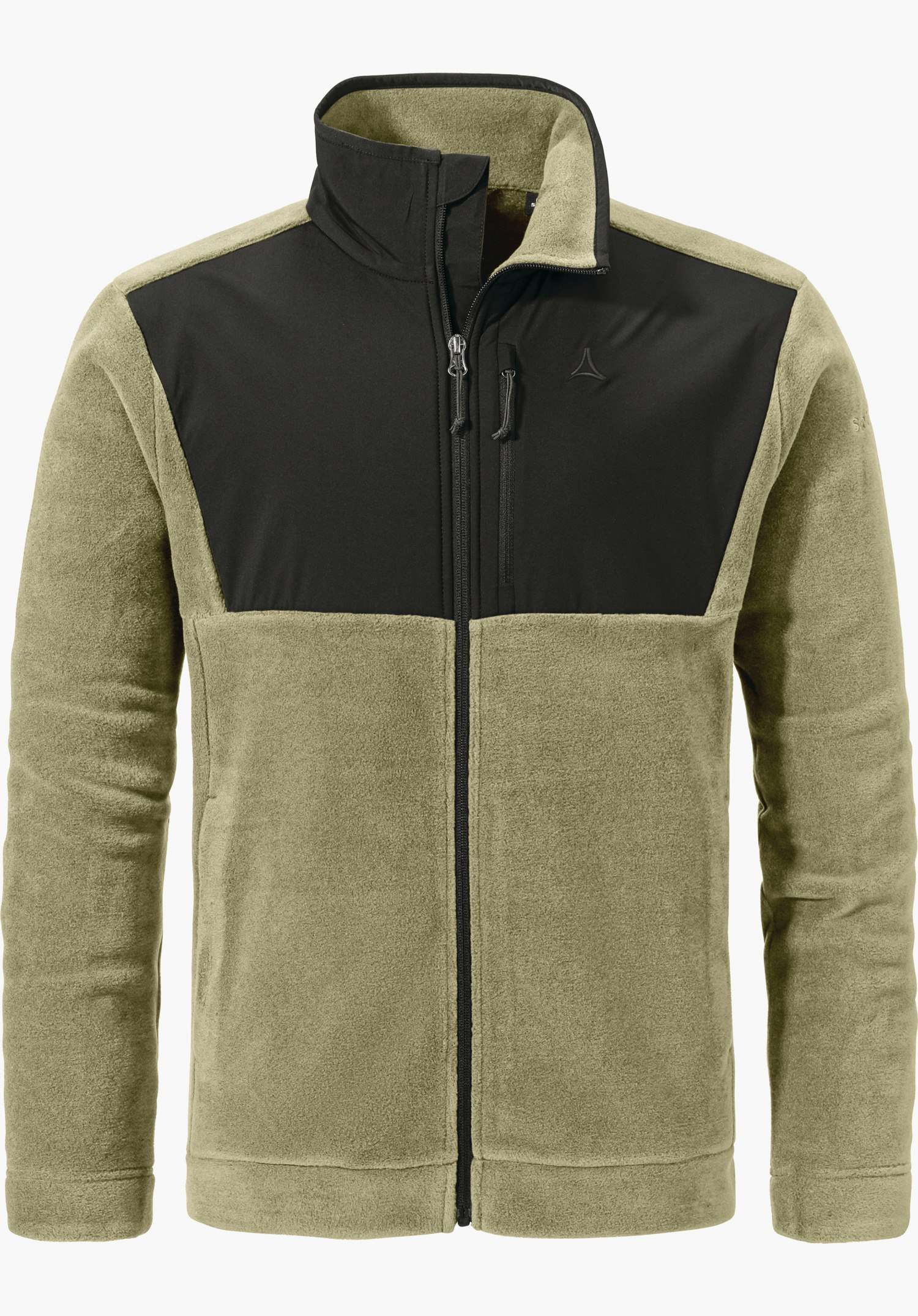 Urban Fleece Jk Style Gregale MNS Fleecejacke, beige mit schwarzem glatten Brustbesatz, geschlossener Reißverschluss, Schöffel-Logo auf der linken Brust; frontale Produktaufnahme vor weißem Hintergrund.