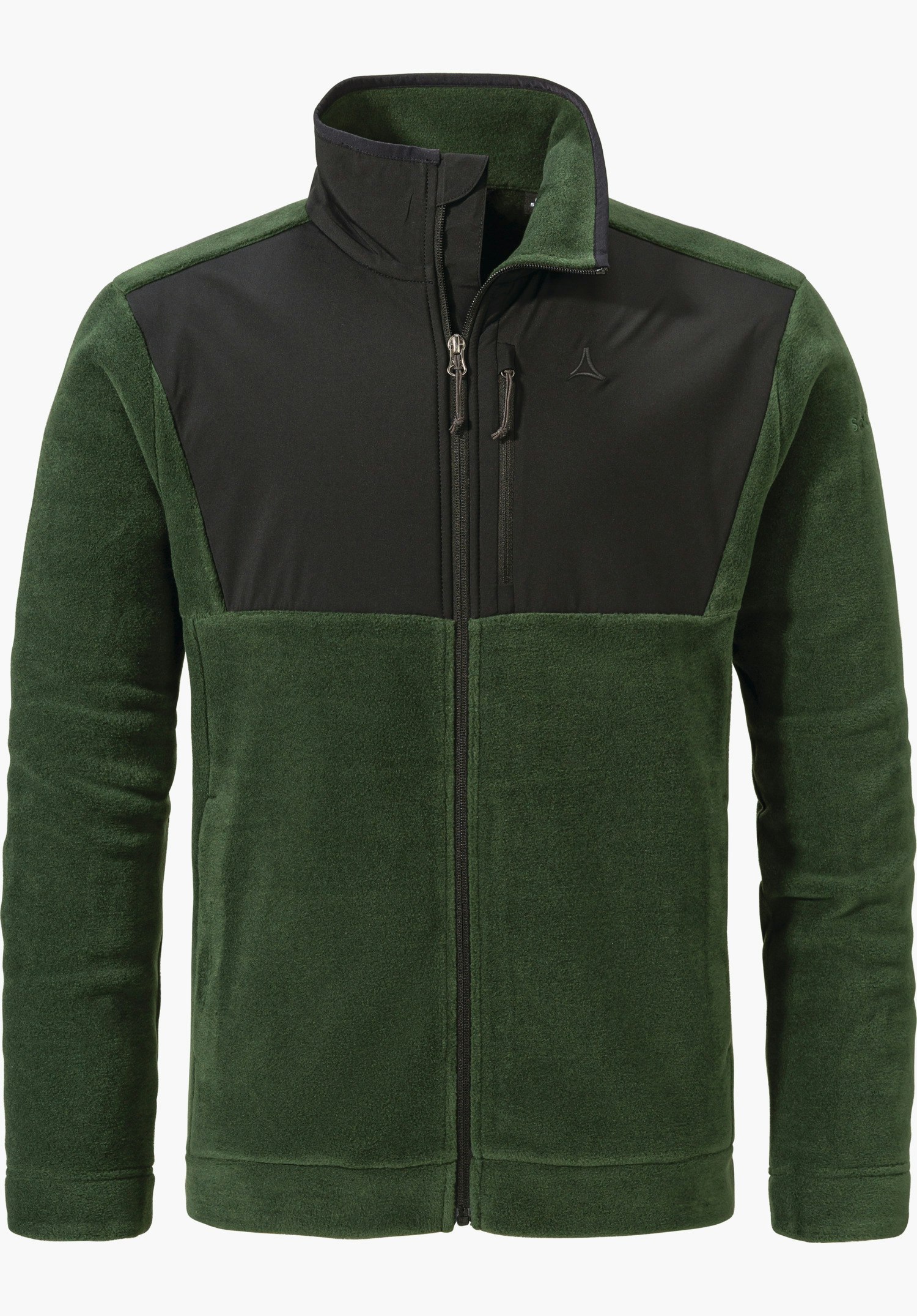 Urban Fleece Jk Style Gregale MNS Dunkelgrüne Fleecejacke, glatter Brustbesatz, geschlossenem Reißverschluss; Schöffel-Logo auf linker Brust, Stehkragen und Reißverschlusstaschen, vor weißem Hintergrund.