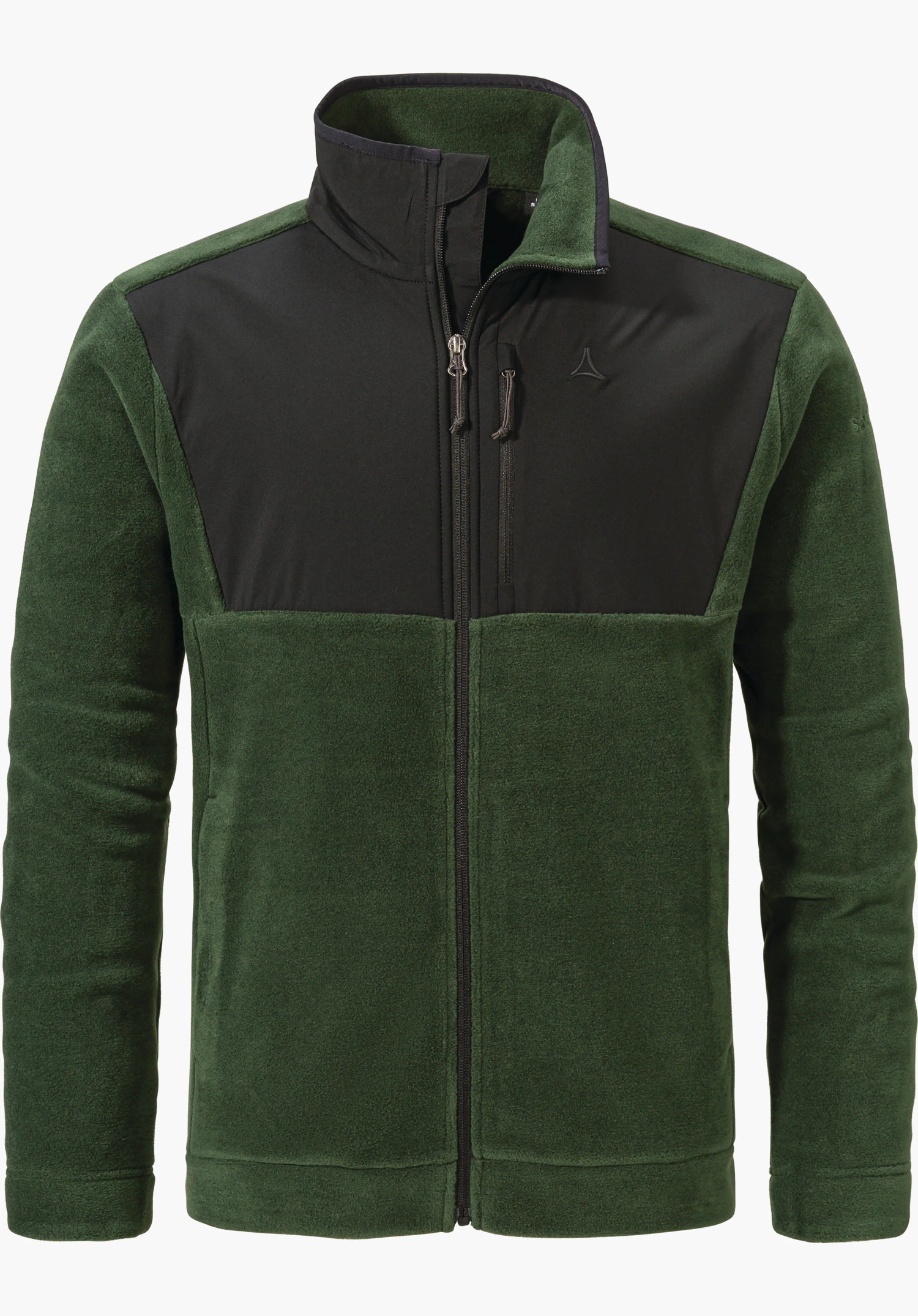 Urban Fleece Jk Style Gregale MNS dark green fleece jacket, smooth chest overlay, zip closed; Schöffel logo on the left chest, stand-up collar and zip pockets; white background.