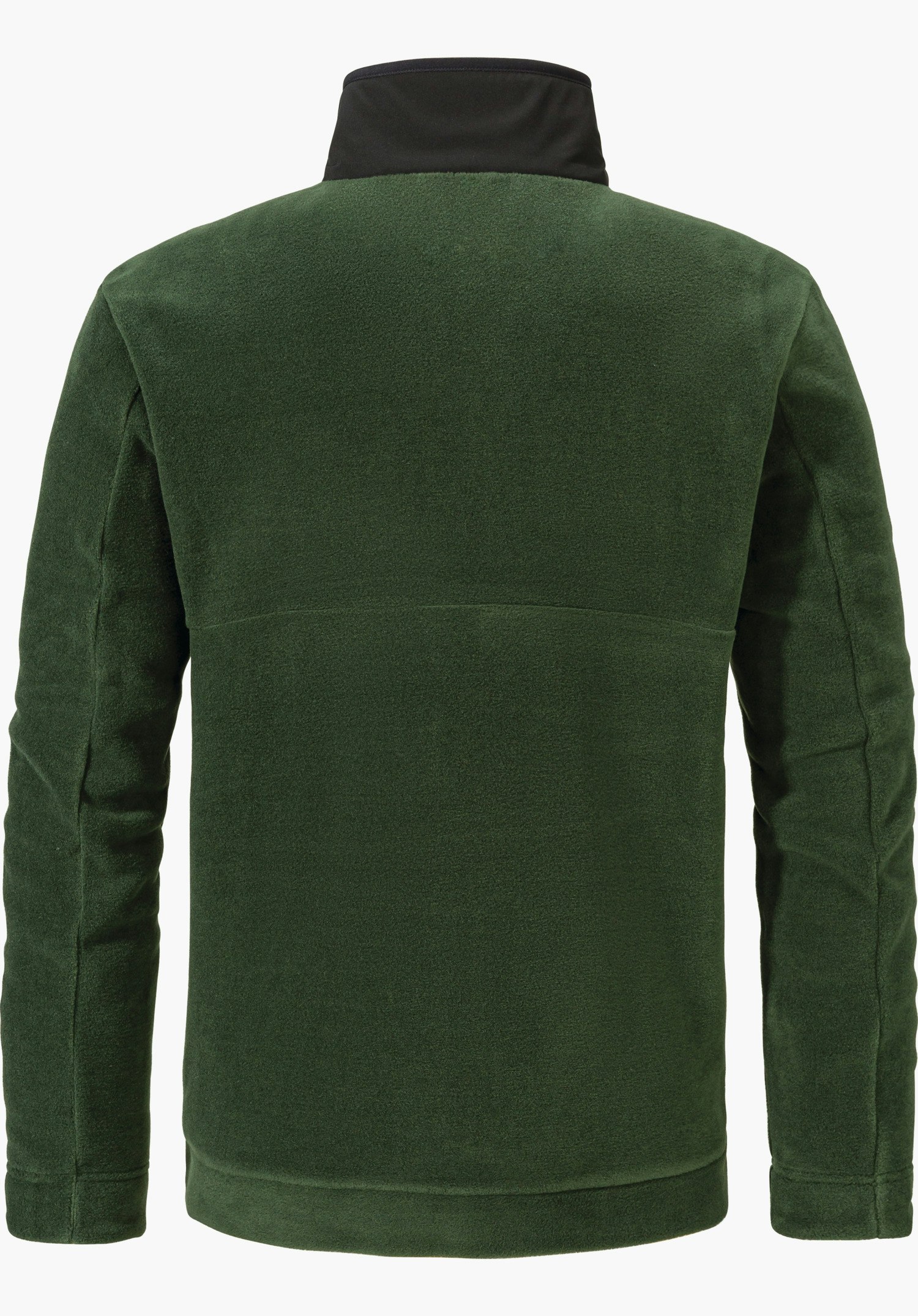 Fleece Jk Style Gregale MNS dunkelgrüne Fleecejacke, Rückansicht, schwarzer Stehkragen, lange Ärmel, mittige Naht und gerader Saum; vor weißem Hintergrund.