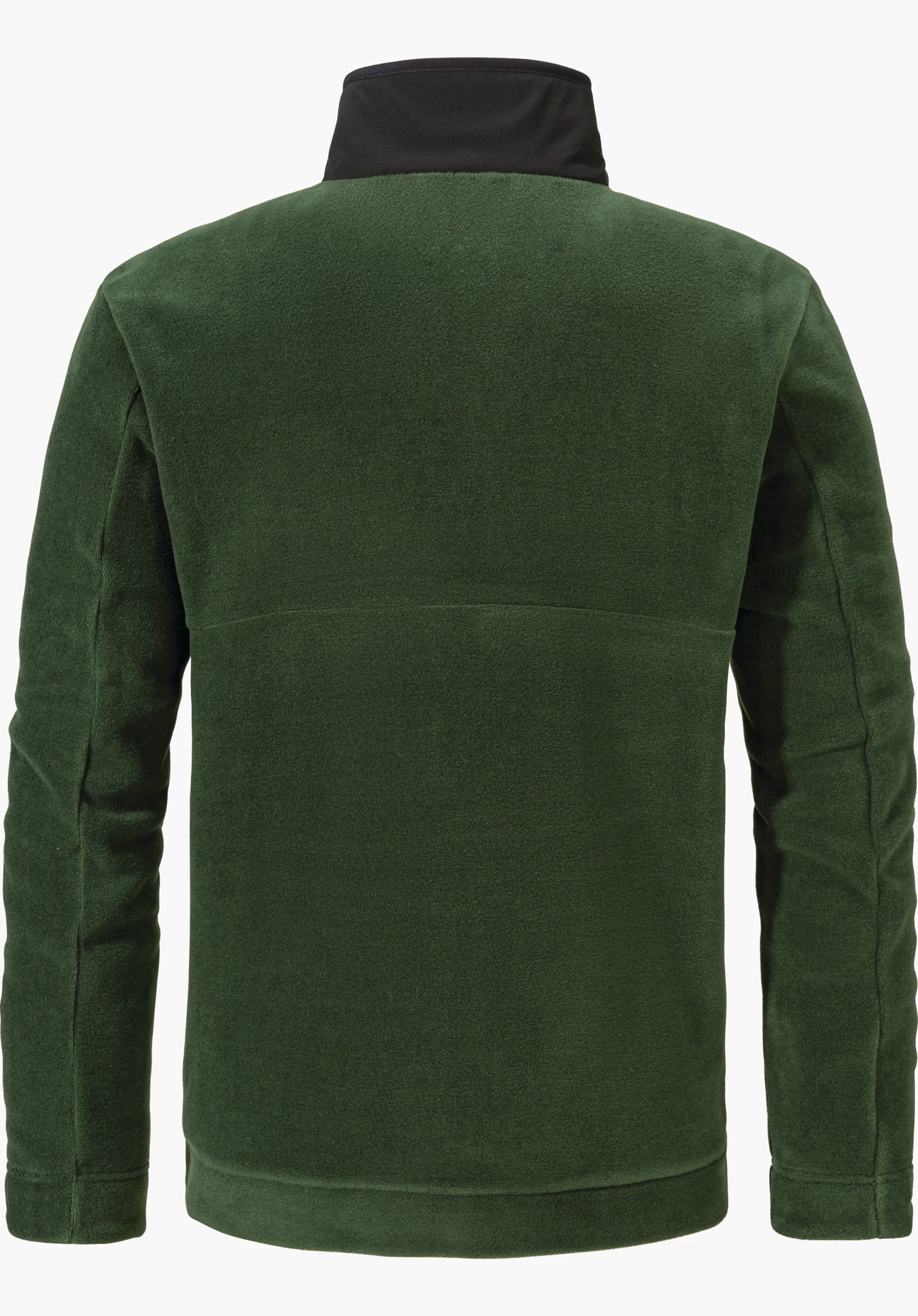 Fleece Jk Style Gregale MNS dark green fleece jacket, rear view, black stand-up collar, long sleeves, central seam and straight hem; against a white background.