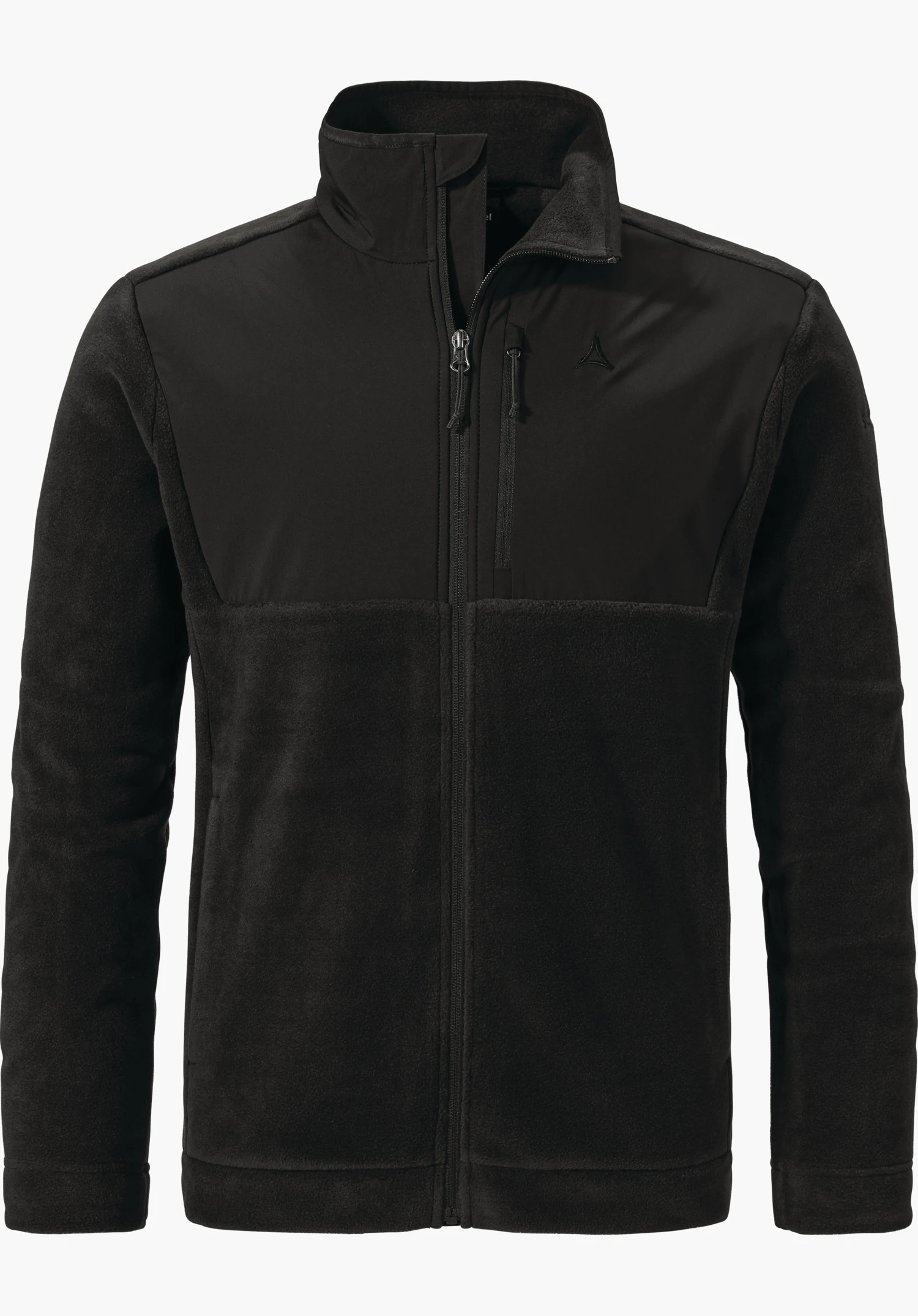 Urban Fleece Jk Style Gregale MNS Schwarze Fleecejacke mit durchgehendem Reißverschluss, glatter Brustbesatz, Schöffel-Logo auf linker Brust, stehender Kragen, vor neutralem weißen Hintergrund.